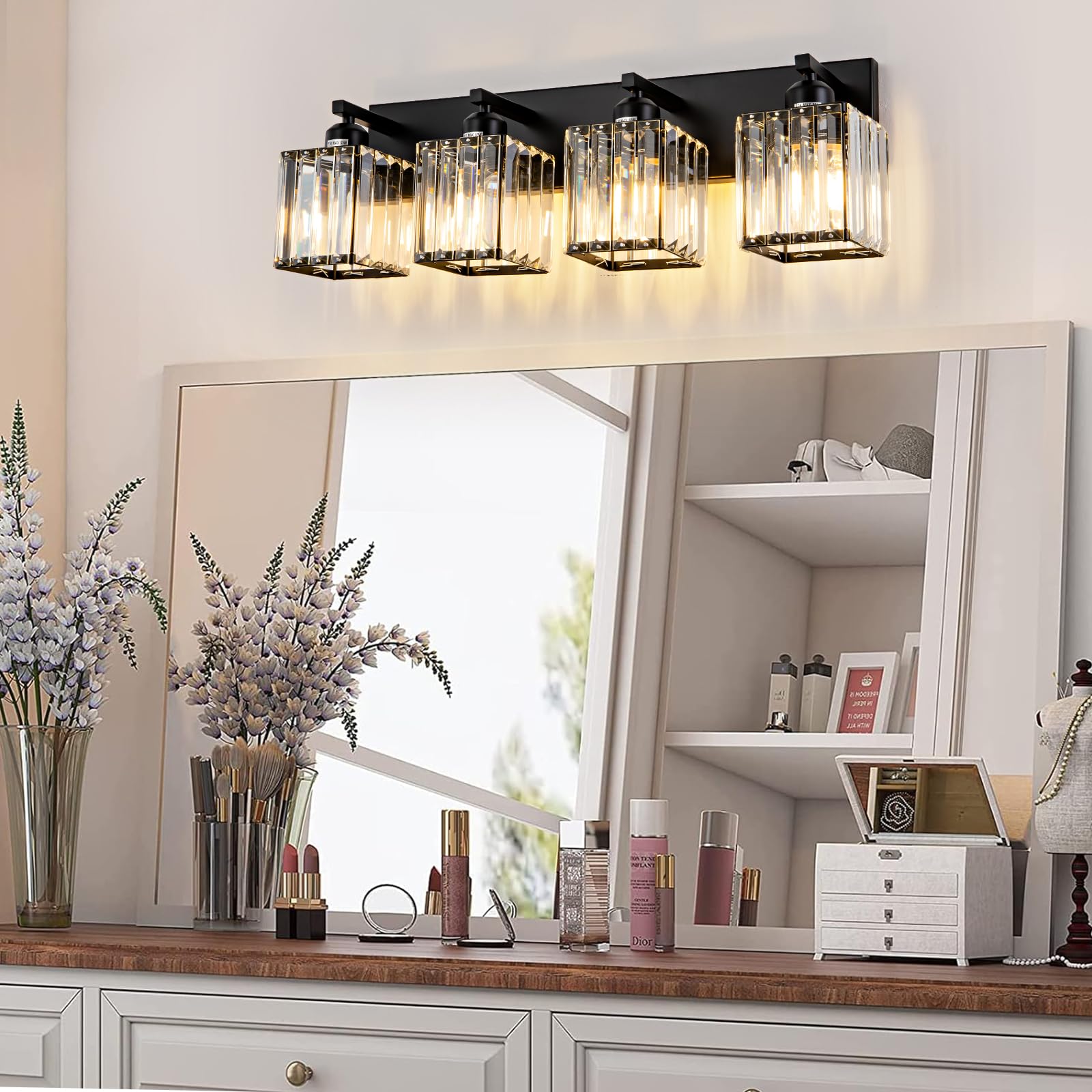 Aixialin 4-Light Modern Crystal Bathroom Vanity Light Black Metal Wall Fixture Model 600-100-1013