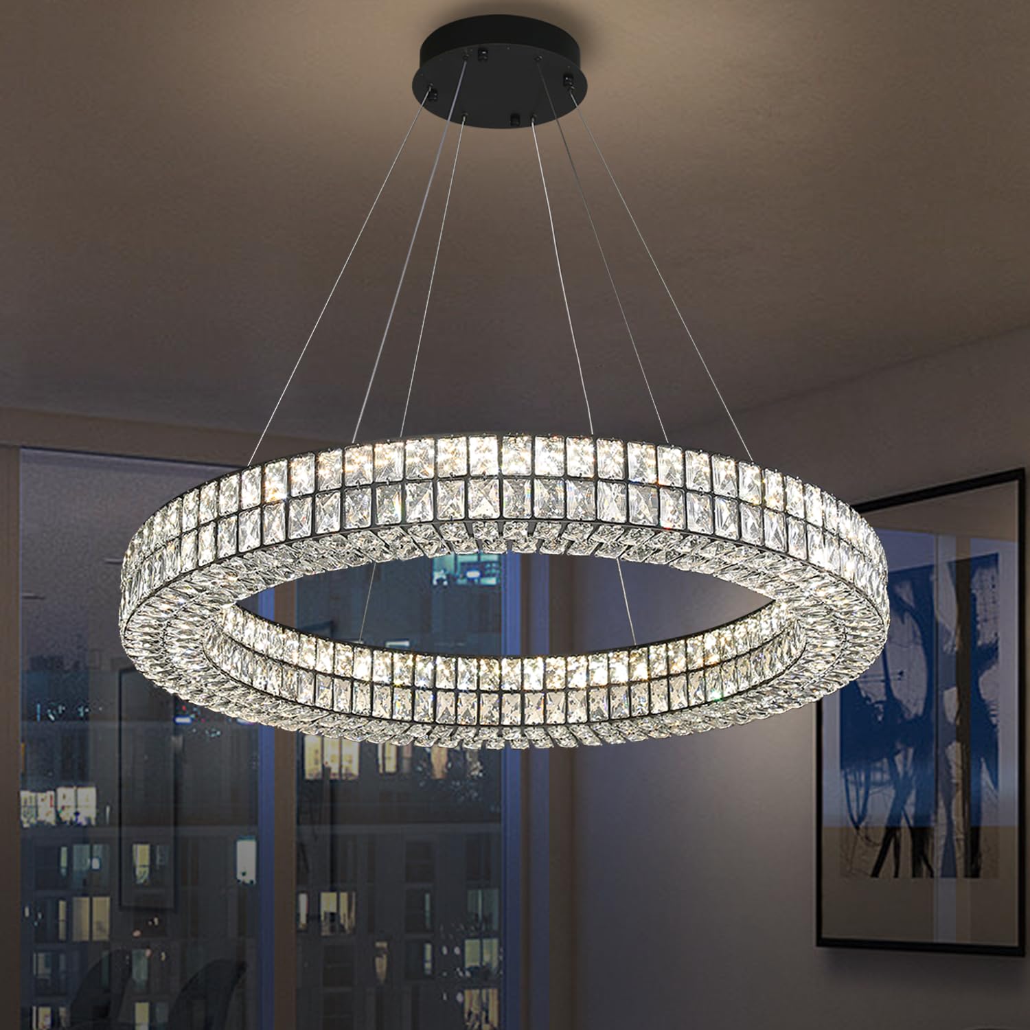 Idequy Modern 32 Inch Black Led Ring Chandelier Dimmable Crystal Chandelier For Living Room Dining Room Adjustable Ring Pendant 
