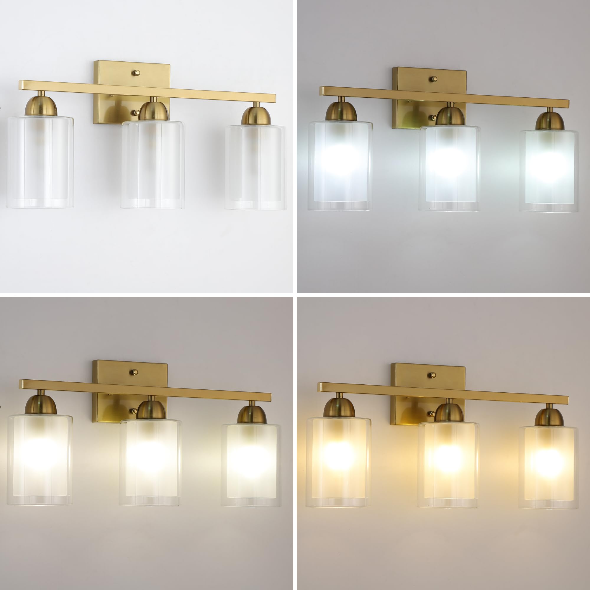 Mecgirn Stainless Steel Bathroom Vanity Light, 3 Light Brushed Gold, Milk & Clear Glass Shades, Model B0007-3-Gold