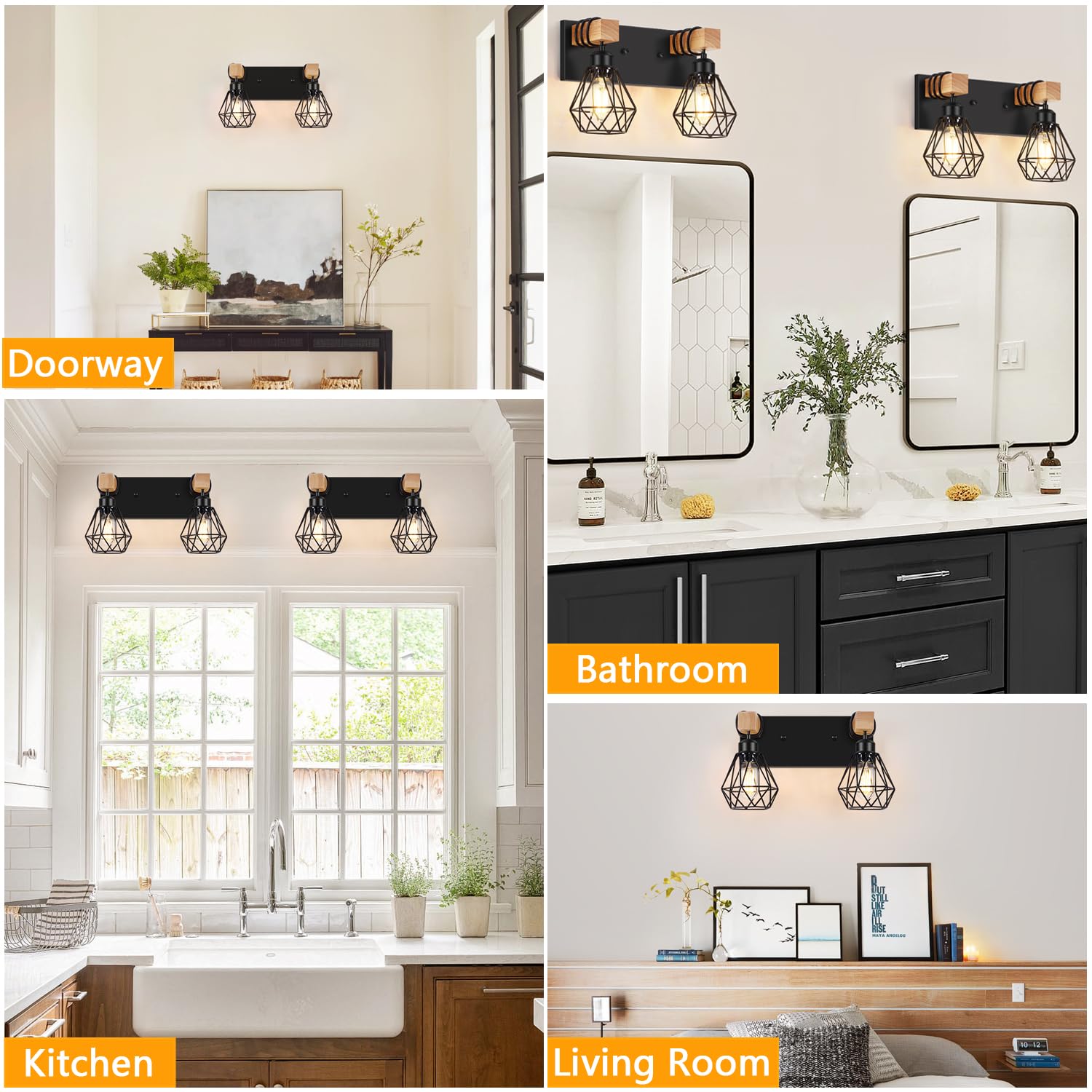 Fadimikoo 2-Light Rustic Style Wood Bathroom Wall Sconce  Farmhouse Vanity Lighting Fixture Fopr Bathroom  Industrial Wood Wall Light Over Mirror With Metal Shade  Bulbs Not Included