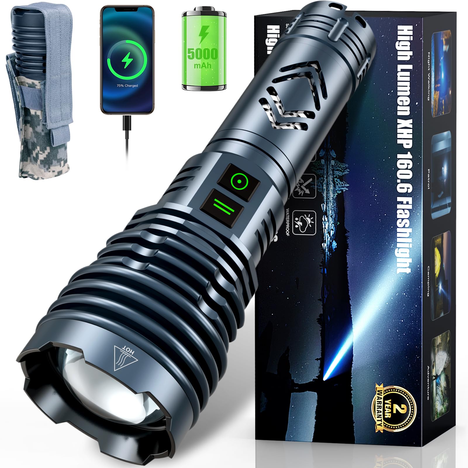 Rechargeable Flashlights 2000000 High Lumens Super Bright Led Flashlight Flash Light Powered By Battery|25H Long Life|Holster|Zoomable 6Modes|Waterproof Tactical Flashlights For Camping Outdoor Home