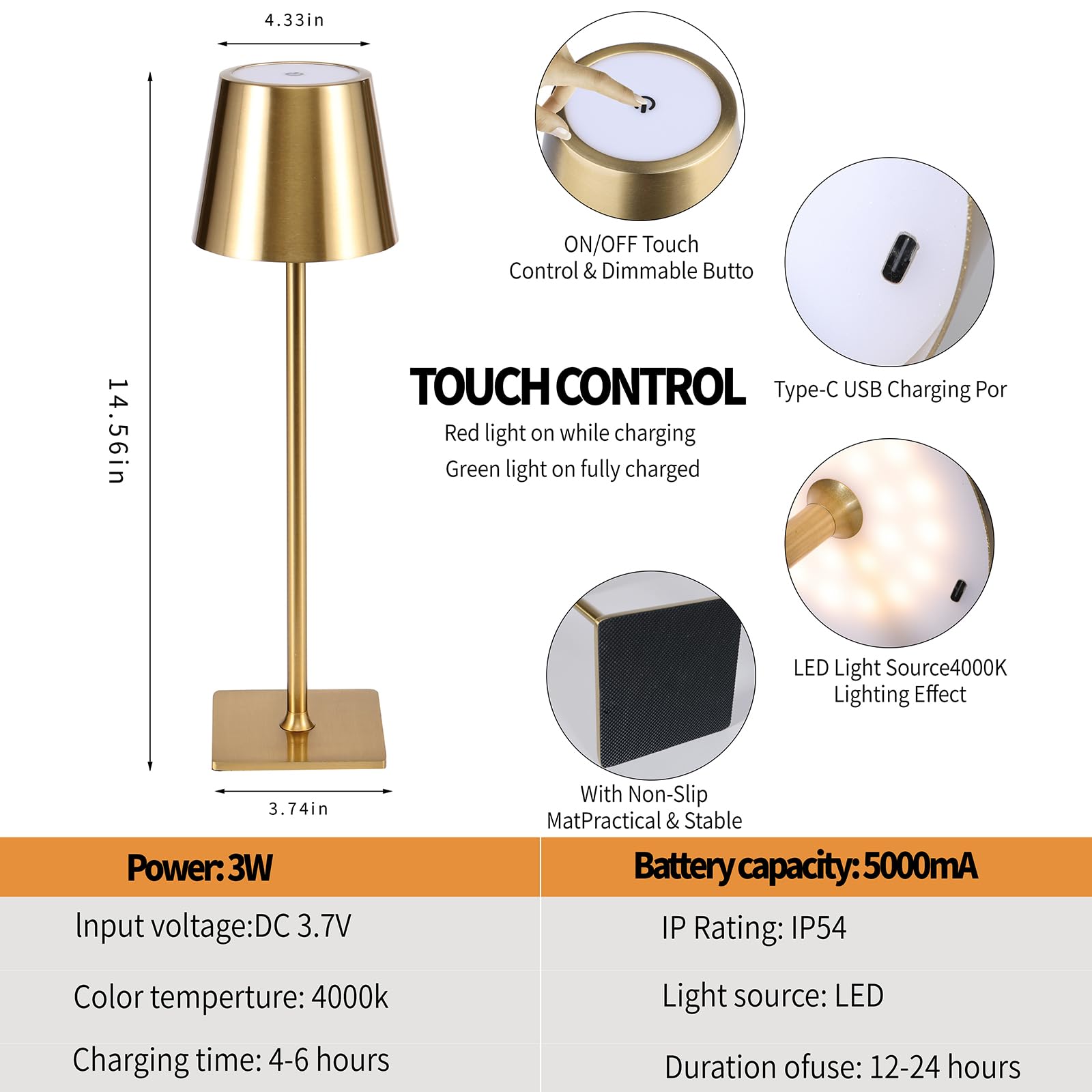 Layshineen Led Cordless Table Lamp, 3 Colors Stepless Dimming, 5000Mah Rechargeable Touch Table Lamps For Bedrooms, Battery Tabl
