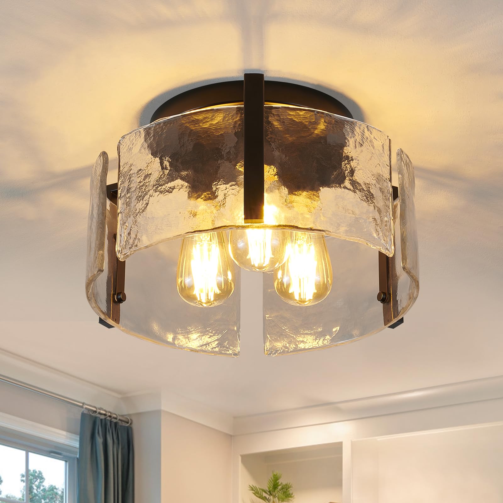MIAYBPH Black Semi Flush Mount Ceiling Light Fixture  14-Inch Glass Drum Flush Mount Light Farmhouse Modern Lights Kitchen Lighting Fixtures for Foyer Entryway Hallway Laundry Room Bedroom Bathroom