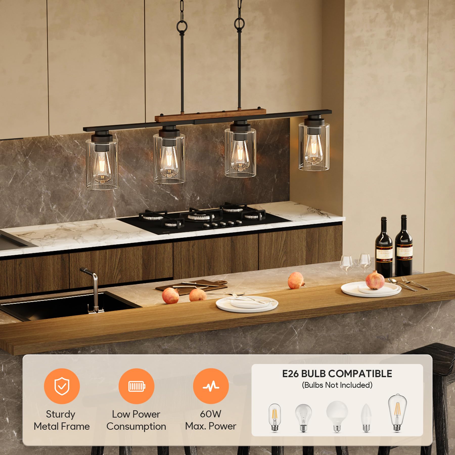 Vonluce Dining Room Light Fixture Over Table, 4-Light Kitchen Island Lighting With Glass Shade And Adjustable Rods, Farmhouse Li