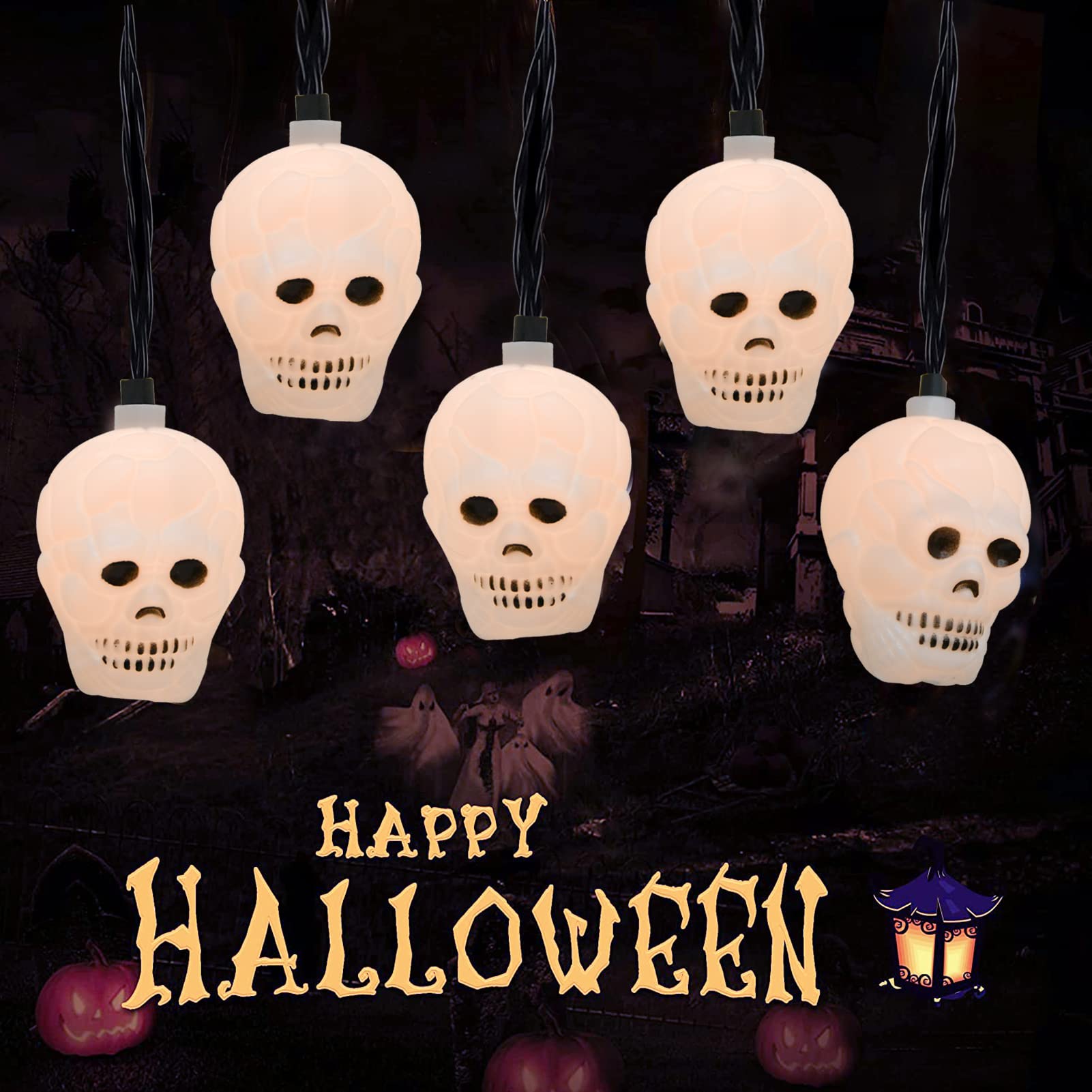 Doratale Halloween Skull String Lights, 8.5Ft, Plastic, 10 Ghost Heads, Connectable, Black Wire