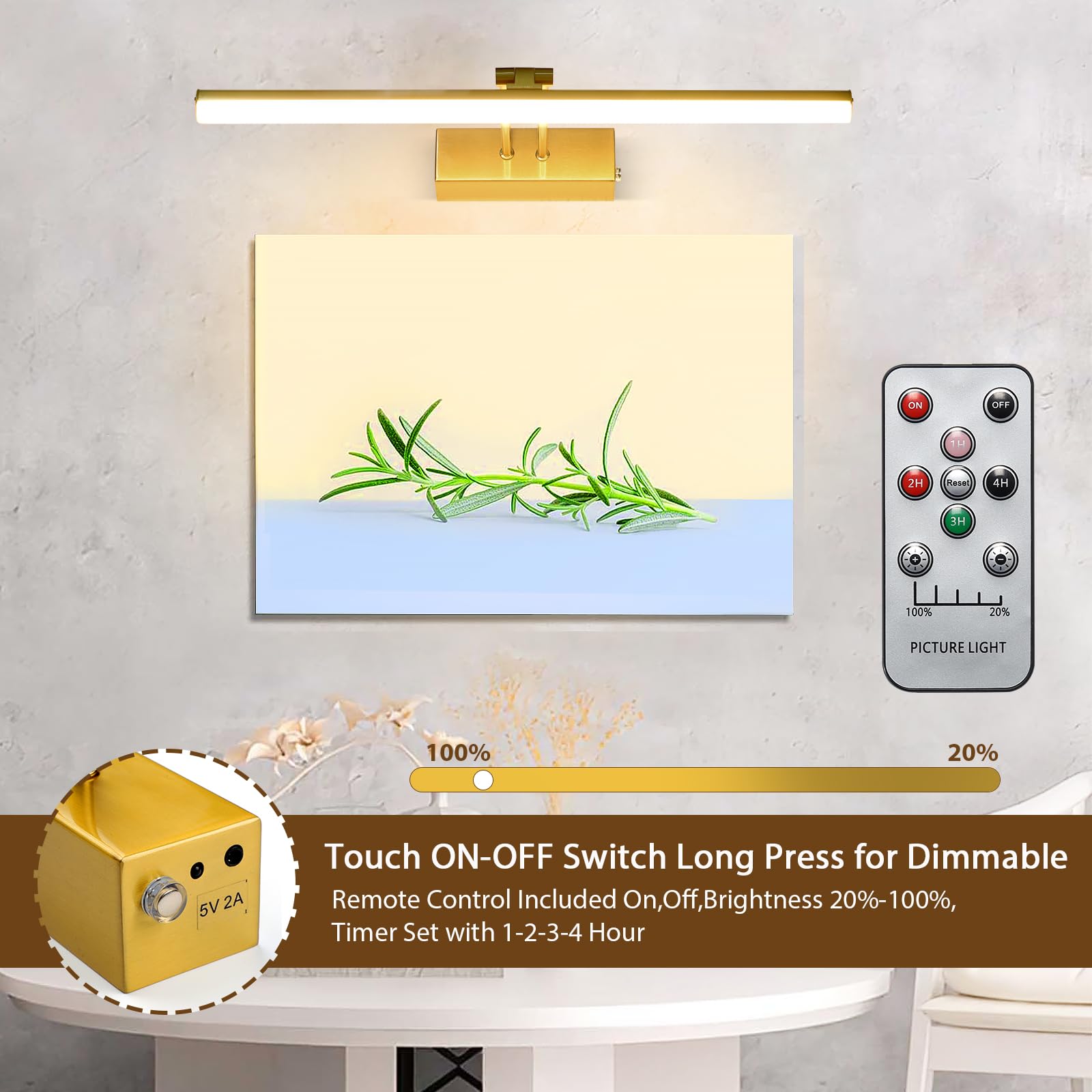 HOWMZON Battery Picture Light with Remote, Dimmable 20" Copper Art Lamp for Paintings and Portraits, Model HW202201BRL