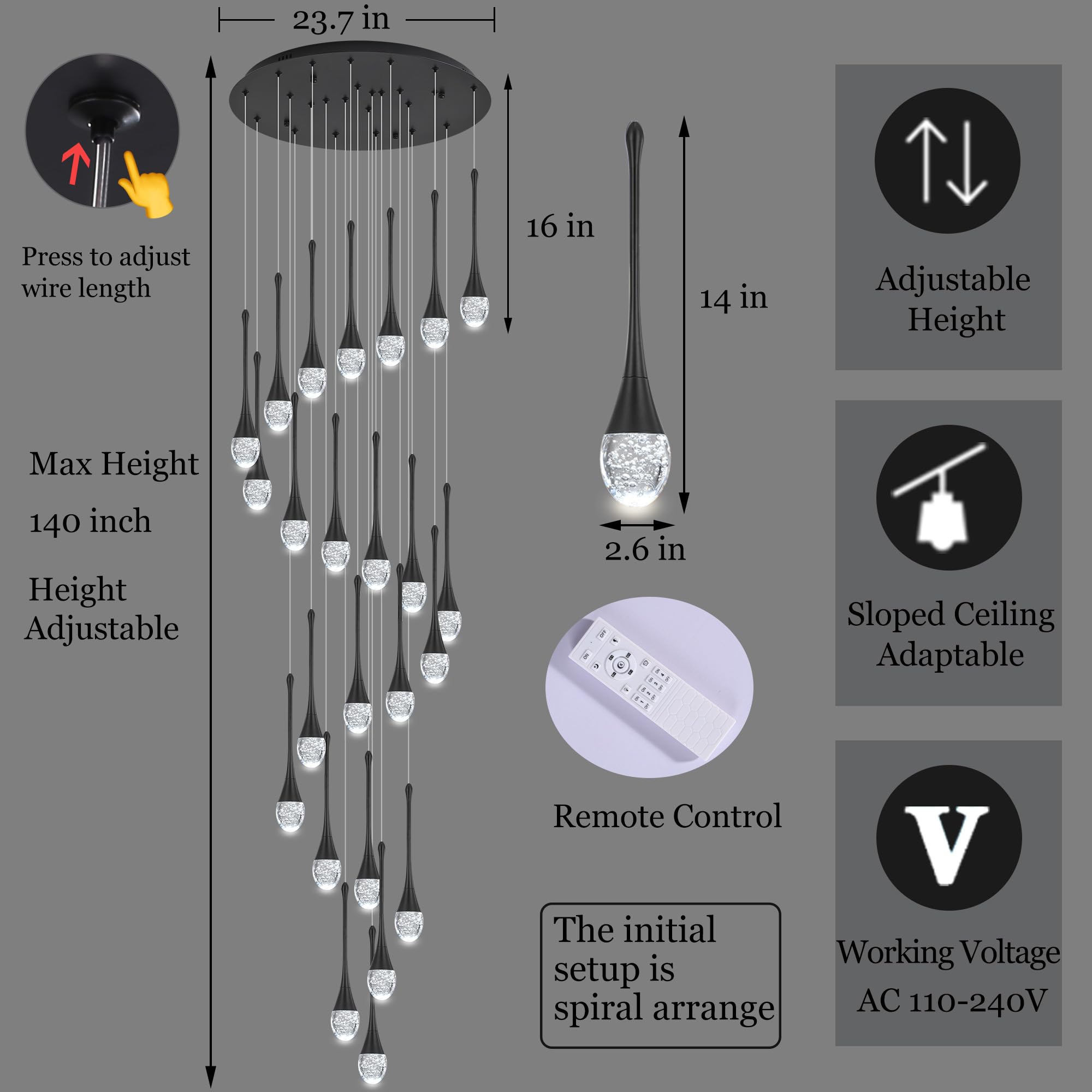 Upfelw Modern Crystal Staircase Chandelier, 24 Lights, Black Metal, H138'' Dimmable LED, Model UCC-B24-0436, Remote Control