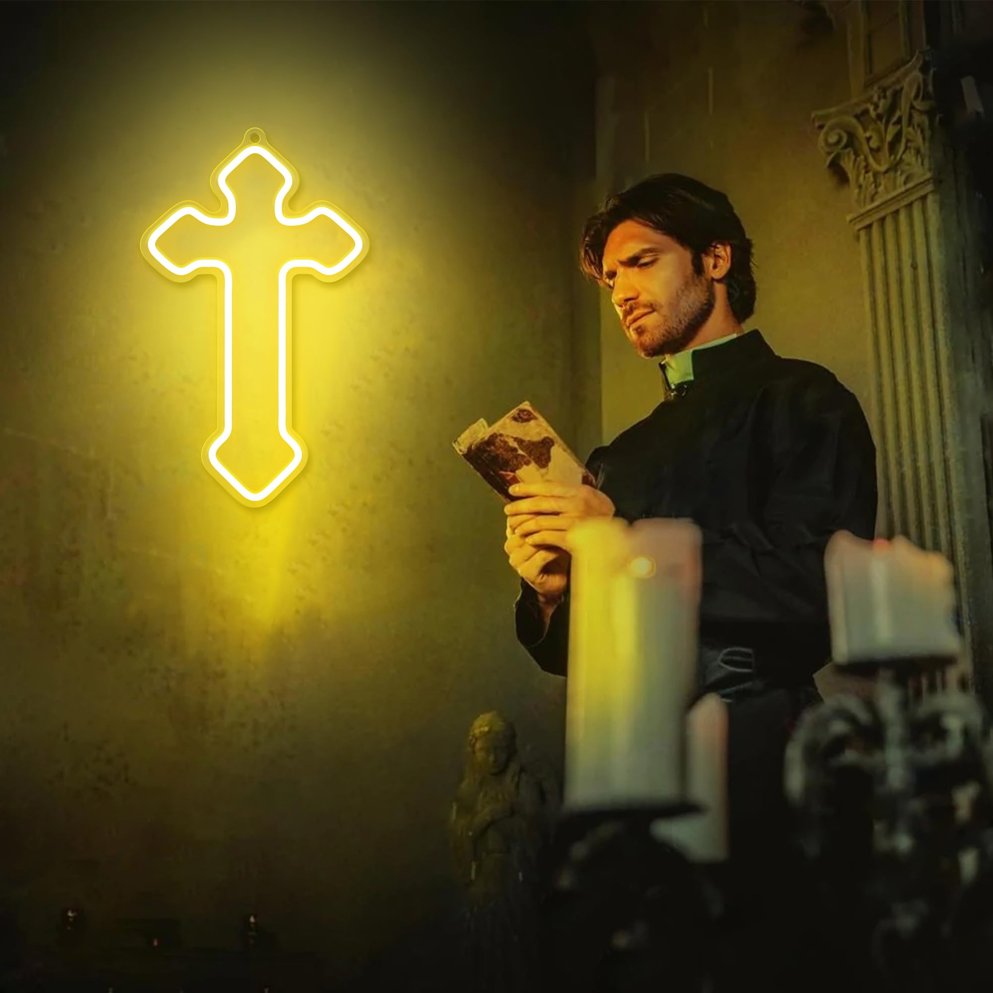 Attivolife LED Neon Cross Sign, Dimmable USB Powered Night Light, 8.03inx13.34in, Warm White Wall Decor