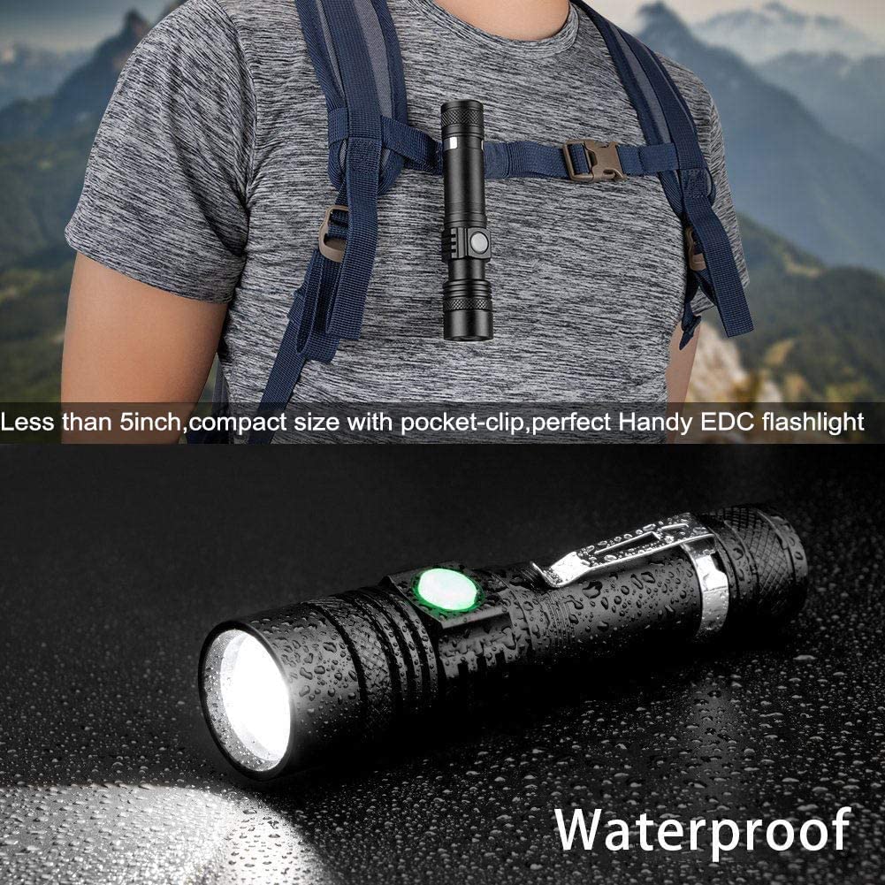 Rechargeable Led Tactical Flashlight, Pocket-Size Small Led Flashlight, 2000Lm, Super Bright Led, Zoomable, Ipx6 Waterproof Flas