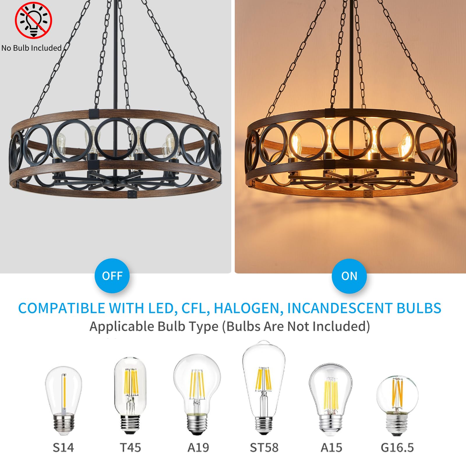 XINGQI 8-Light Modern Farmhouse Chandelier, Large Black Drum Pendant Light, Metal Shade with Wood Grain Finish for Living Room and Dining Room