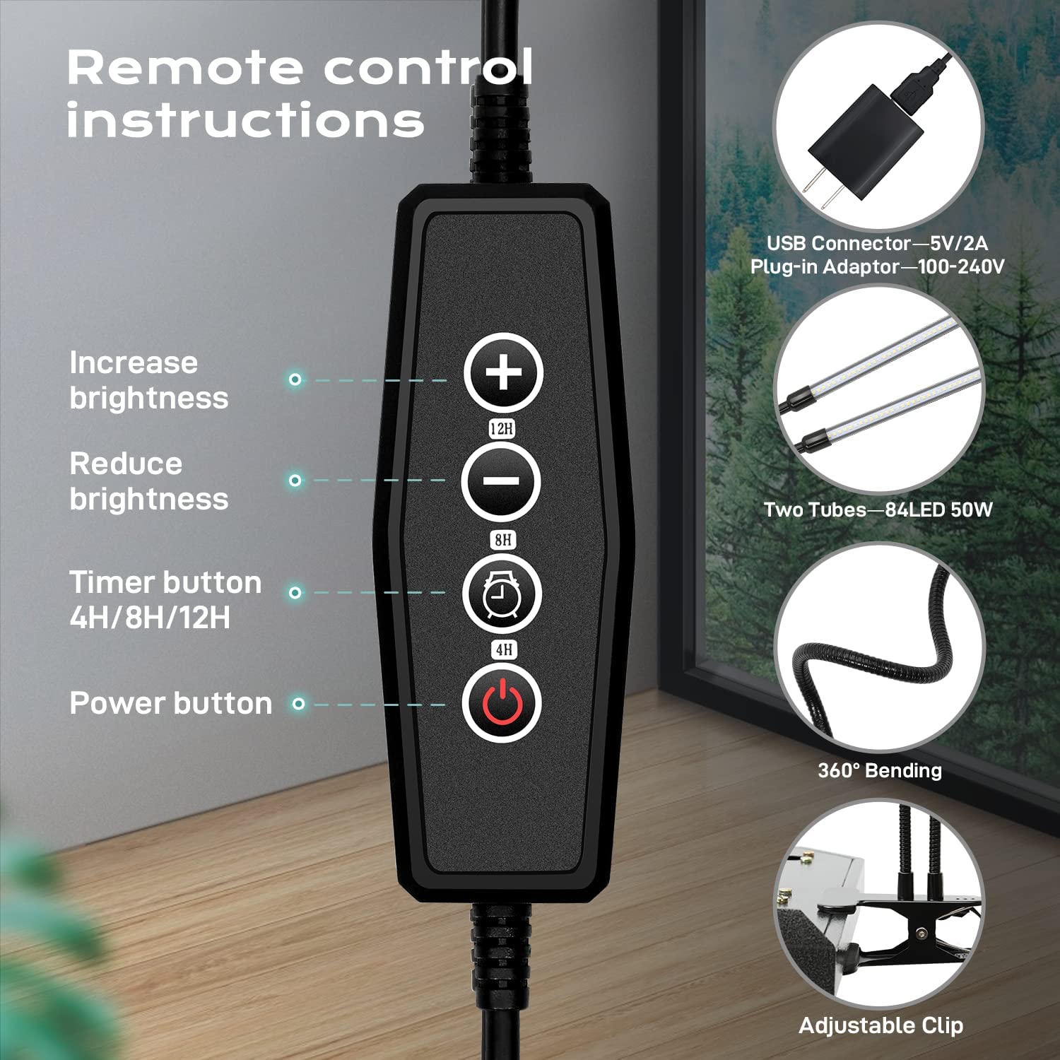 iPower Full Spectrum Clip Plant Growing Lamp - 84 LEDs, 2 Tubes, White, 3 Modes, 5 Dimmable Levels for Indoor Plants