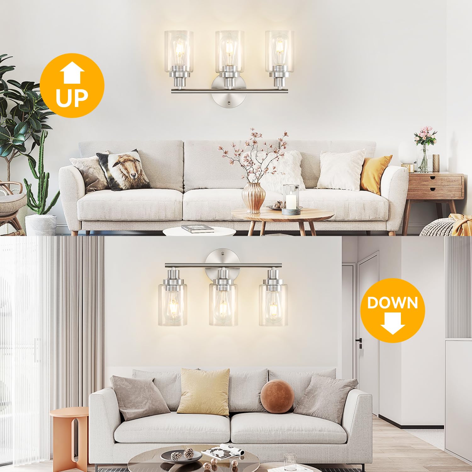 Apenath Modern 3-Light Vanity Wall Sconce, Clear Glass Shade, Brushed Nickel, Ideal for Bathroom, Kitchen, Living Room