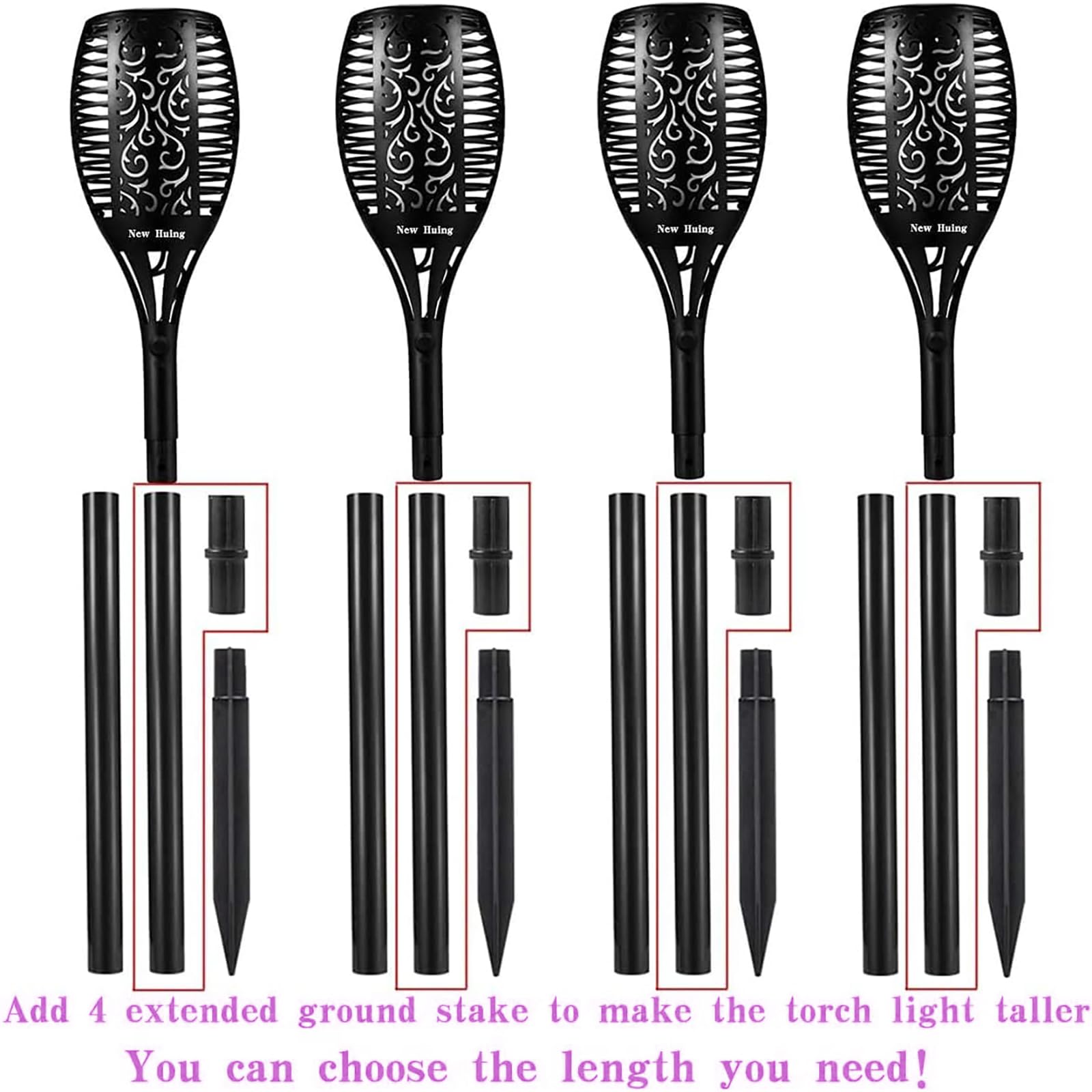 New Huing 4Pcs Halloween Purple Solar Torch Lights, 96 Led, Waterproof, 43In Dancing Flames