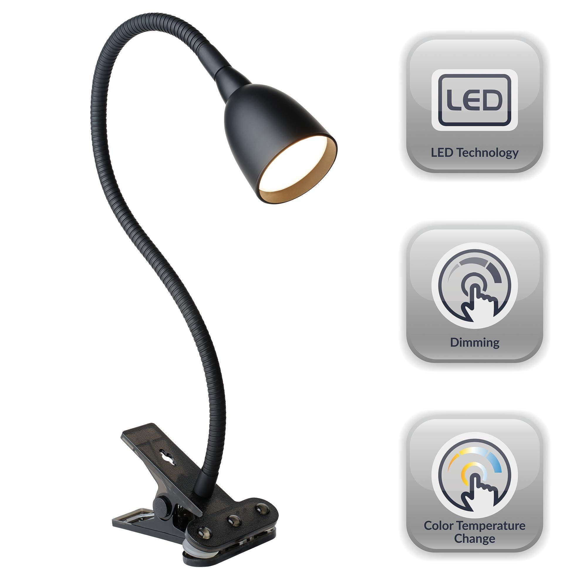 Newhouse Lighting LED Clamp Light Desk Lamp, Flexible Gooseneck, 3 Brightness Levels, 3 Color Modes, Black, Model NHCLP-OL-BK