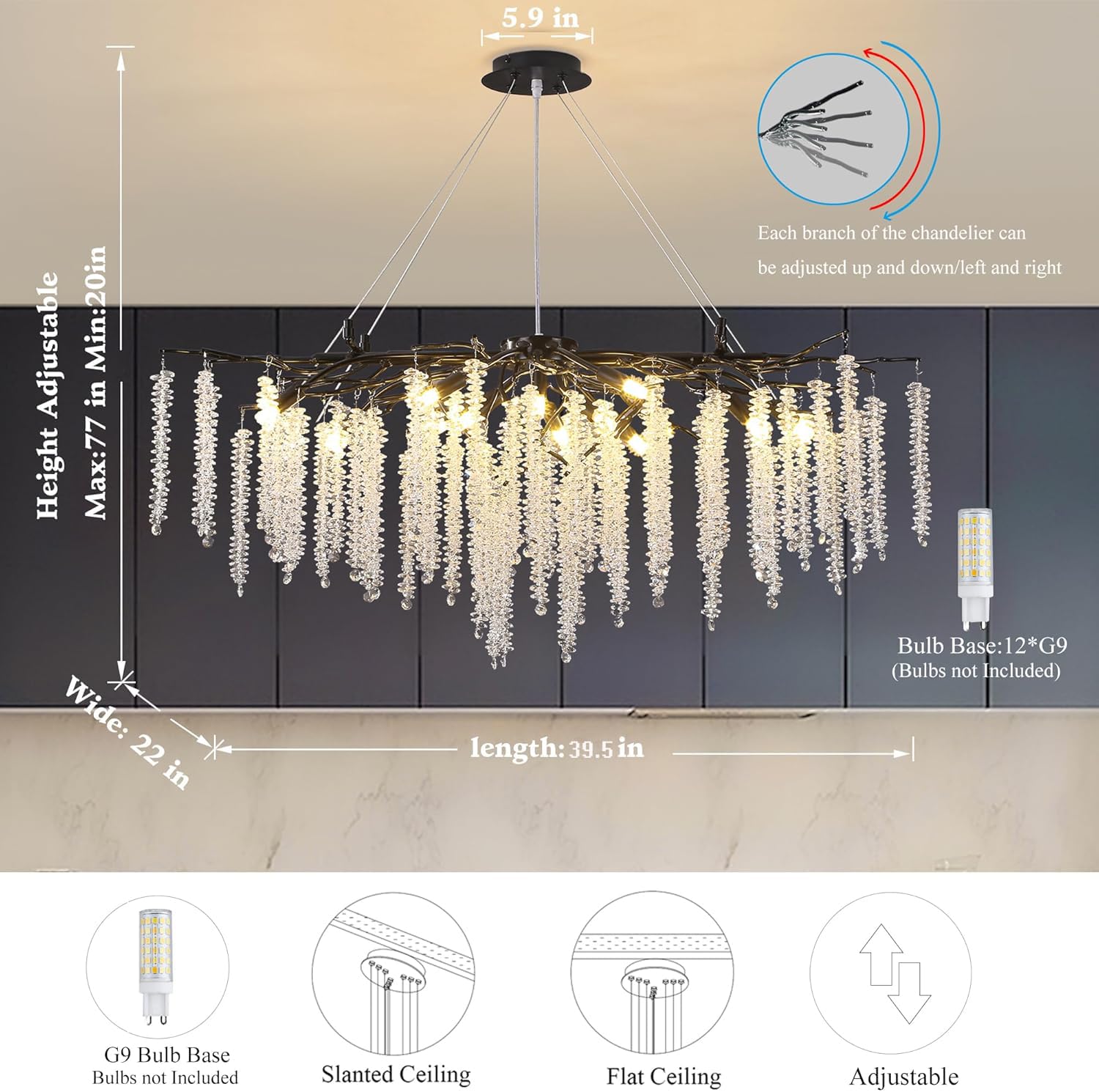 Puvaue Tree Branch Chandelier L39.5 Inch Black Luxury Rectangular Crystal Raindrop Pendant Light 12 Lights Kitchen Island Hangin