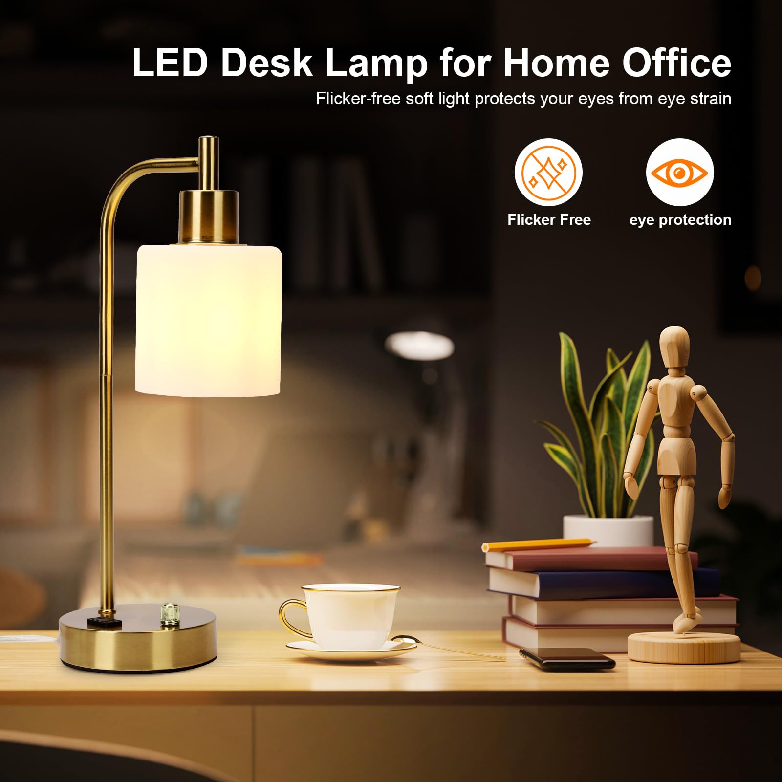 Industrial Table Lamp, Stepless Dimmable Gold Desk Lamp,Gold Table Lamp With 2 Usb Ports And Ac Power Outlet, Frosted Glassshade