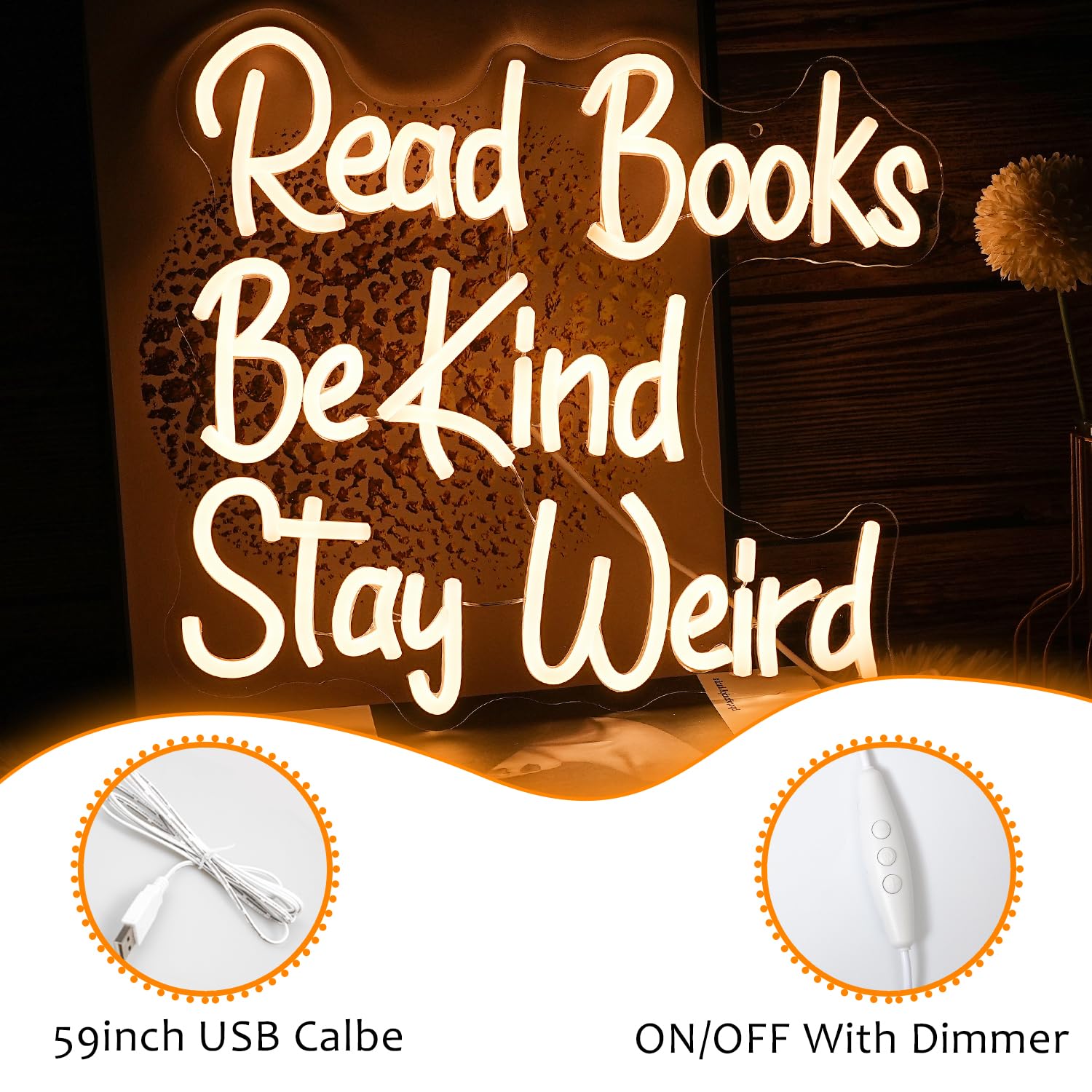 LISIGNVE LED Neon Sign - Read Books Be Kind Stay Weird - Dimmable USB Powered, 14.17in x13in , Warm White, Acrylic Wall Decor