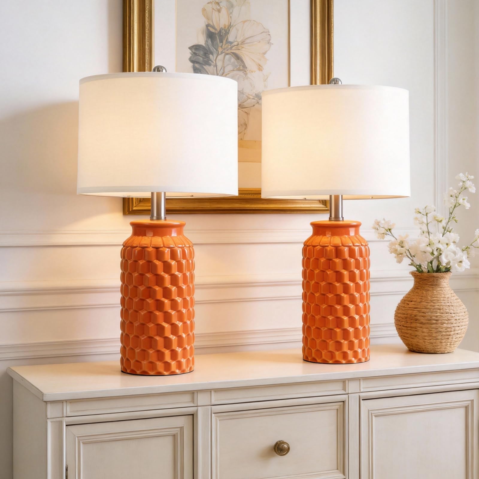 USumkky 20.5 Ceramic Table Lamps Set of 2  Modern Farmhouse Boho Bedside Lamps for Bedroom  Nightstand Lamps for Living Room End Tables  Small Desk Lamps  Orange