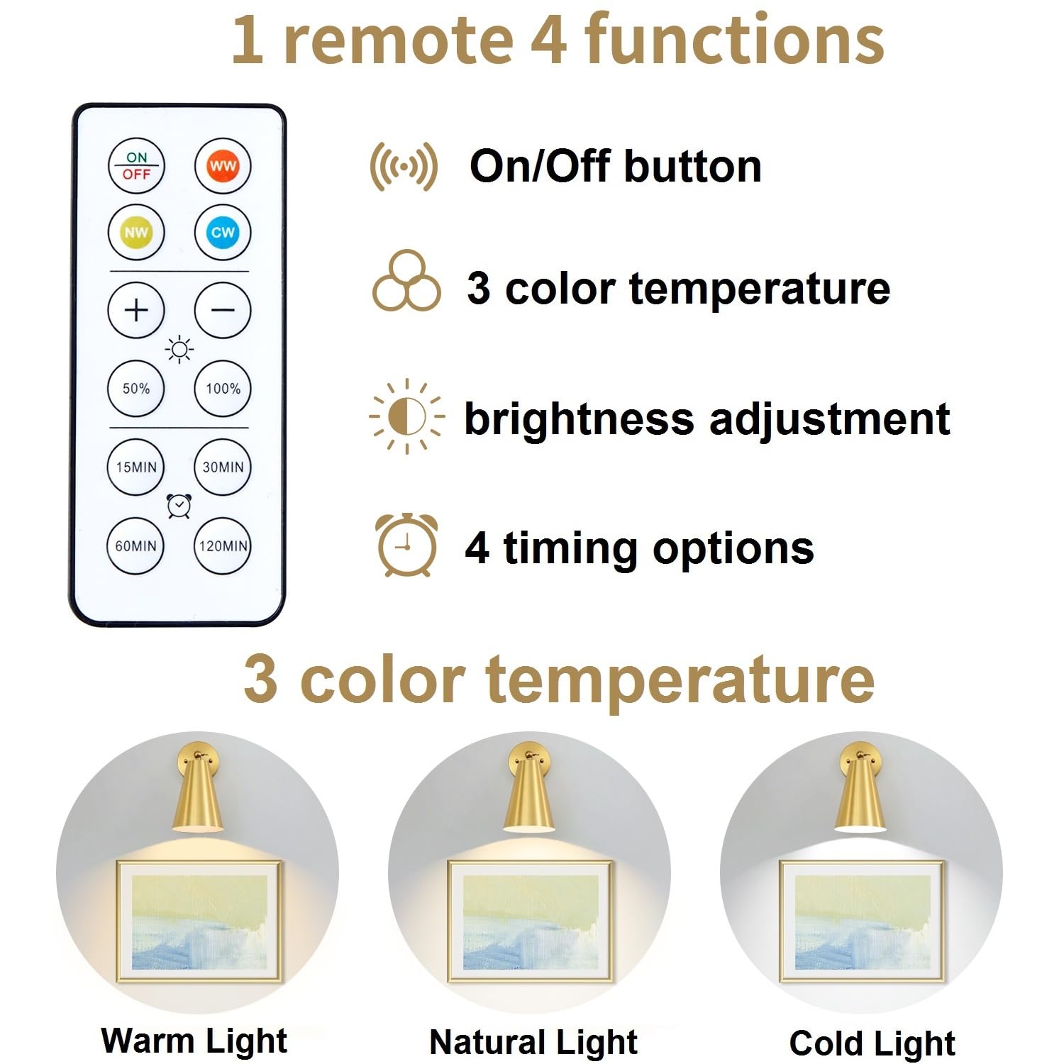 Haultop Battery Sconces Wall Decor Set Of 2, Gold Wall Sconces Battery Operated, Wireless Wall Sconces, Remote Control Battery Operated Wall Sconce For Gallery, Bedroom