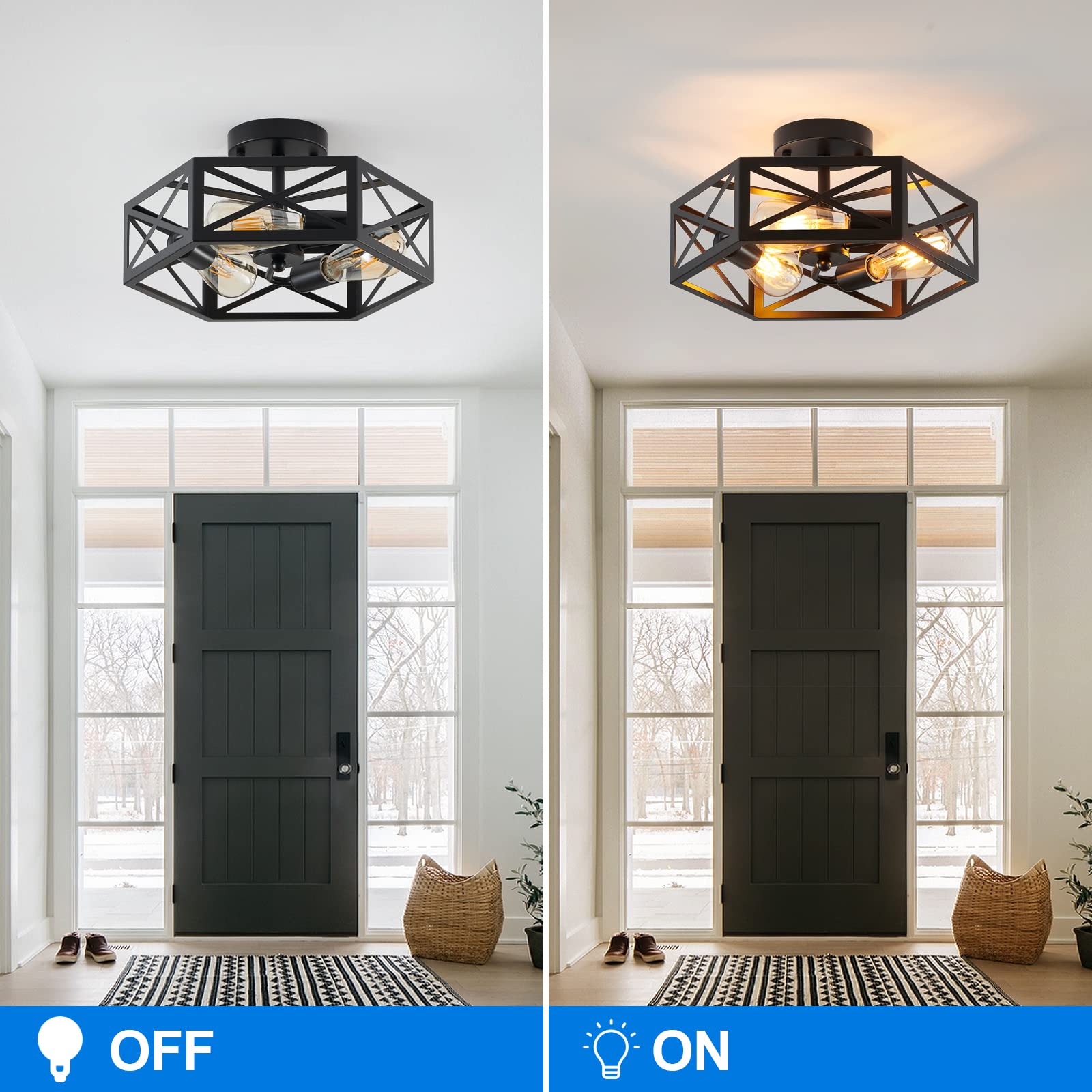 Xsdetu Black Ceiling Light, Modern Farmhouse Chandelier With Metal Hexagon Cage,Industrial Flush Mount Lamp For Kitchen, Hallway, Bathroom,3 Light