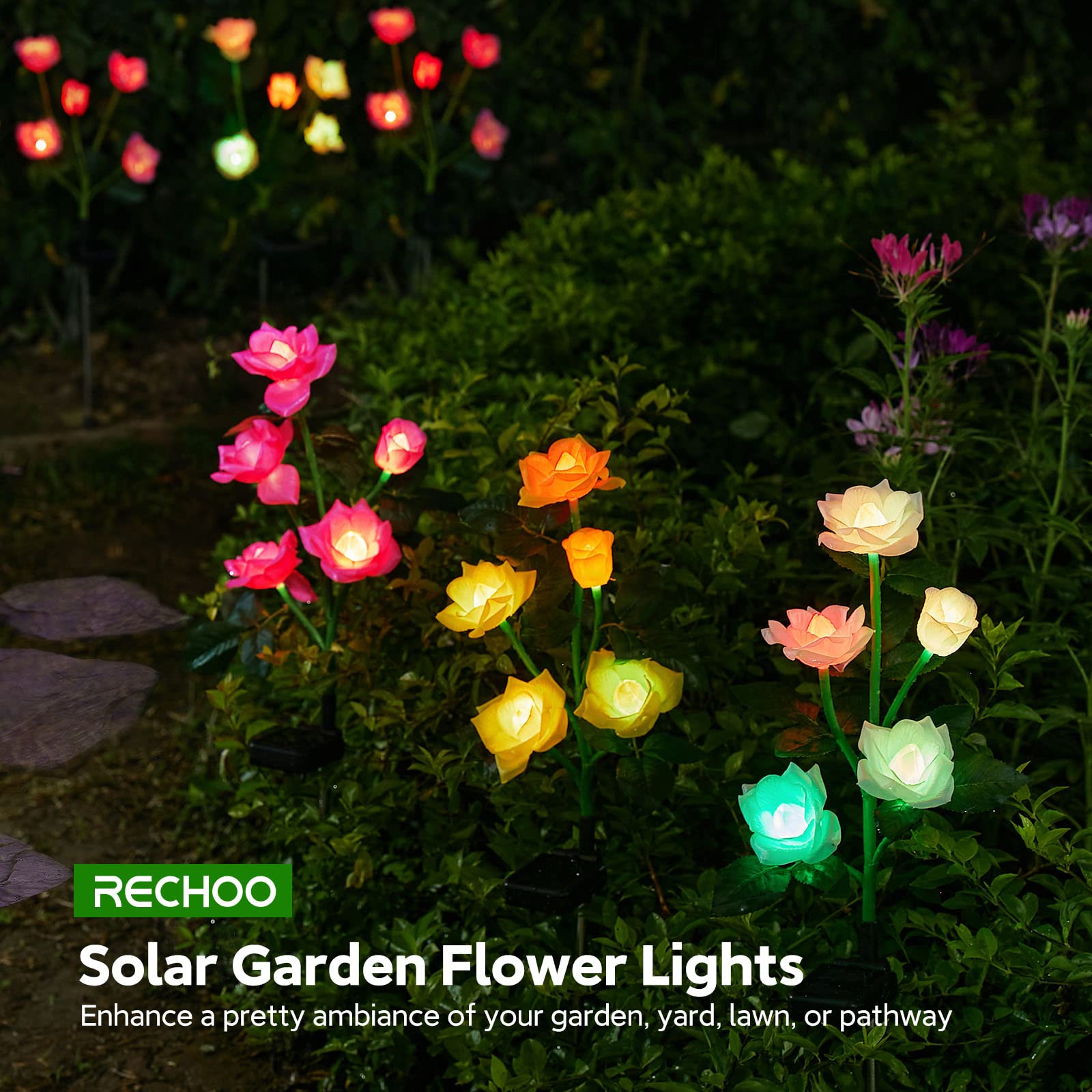 Rechoo Solar Garden Lights - 6 Pack Color Changing Rose Flowers, Waterproof Outdoor Decor, Yellow/White/Pink