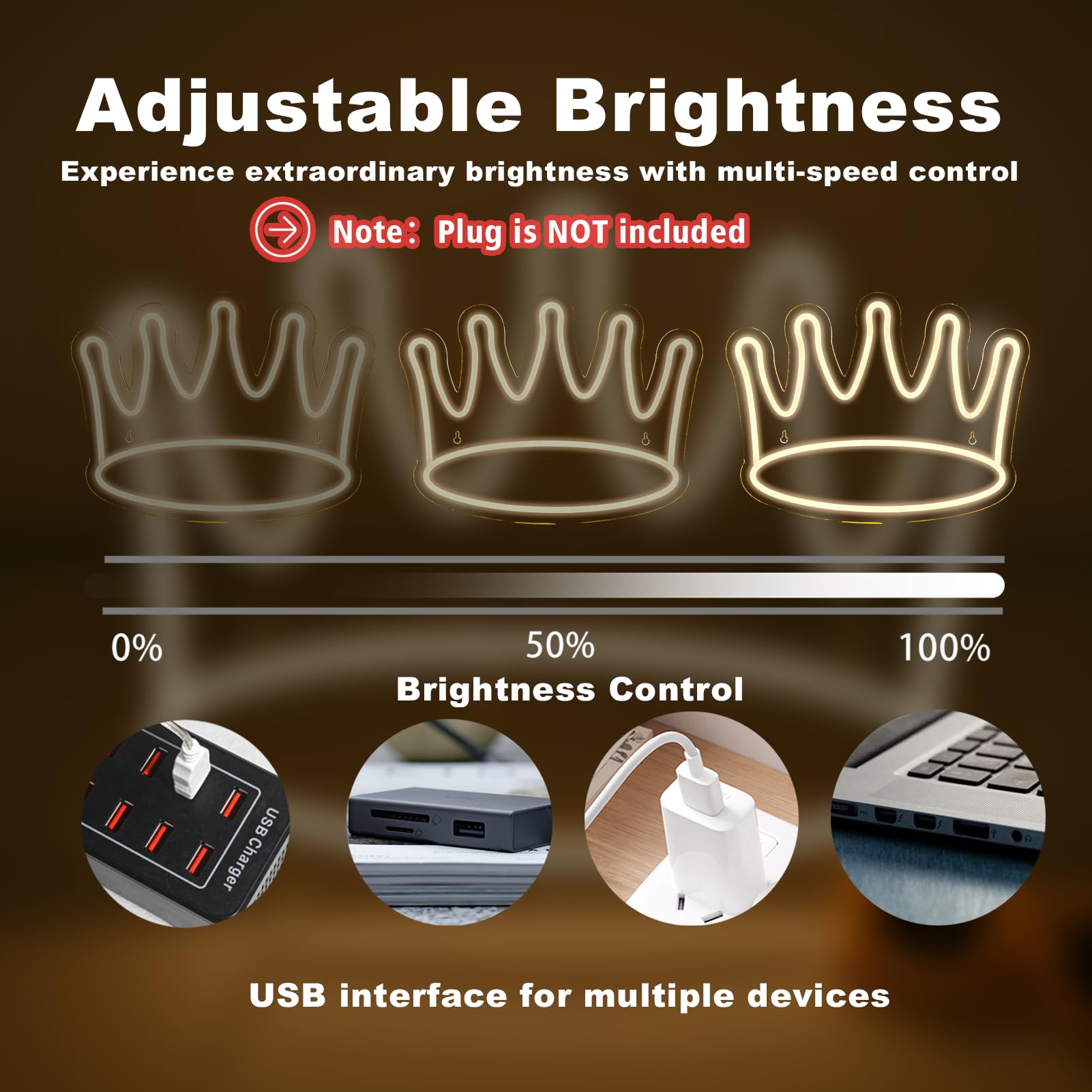 Wanxing LED Neon Crown Light - Acrylic Backboard Wall Decor - 14in x 10.6in - Warm White for Bedroom, Kid Room, Shop, or Party