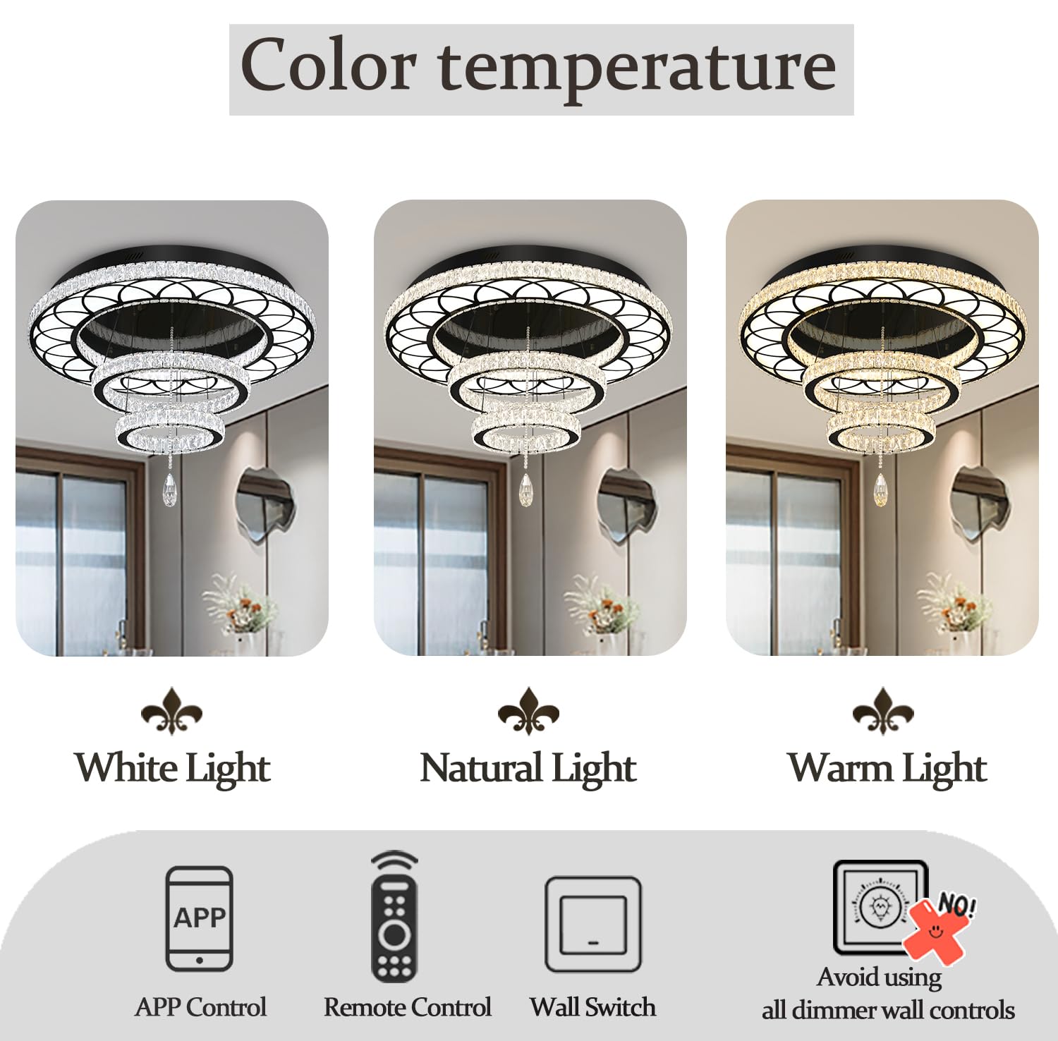 Flashing God 32" Modern Crystal Chandelier LED Flush Mount Ceiling Light - Black, Dimmable 2700K/4500K/6000K, Model MMQ0268-80