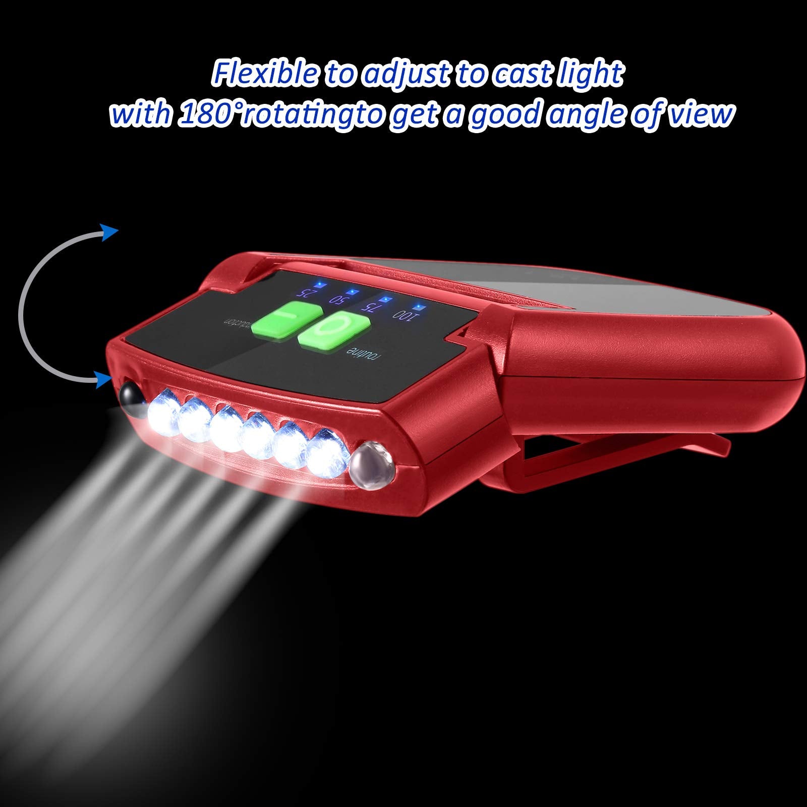 Mudder LED Clip-On Cap Lights, USB Rechargeable, Waterproof, Ultra Bright, Black/Red