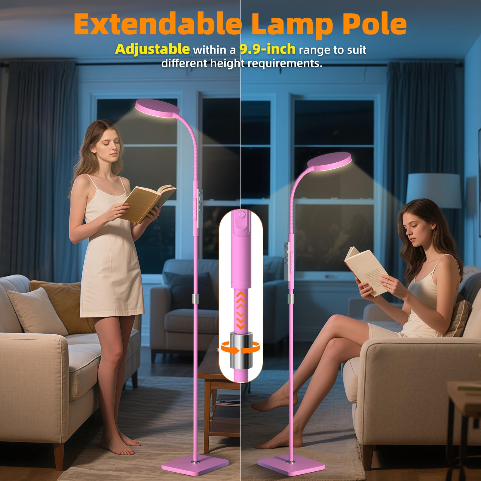 PACOVY Adjustable Height Floor Lamp, 120 LED, Dimmable, Copper, 1 Pack, Pink, Model ADJ-01