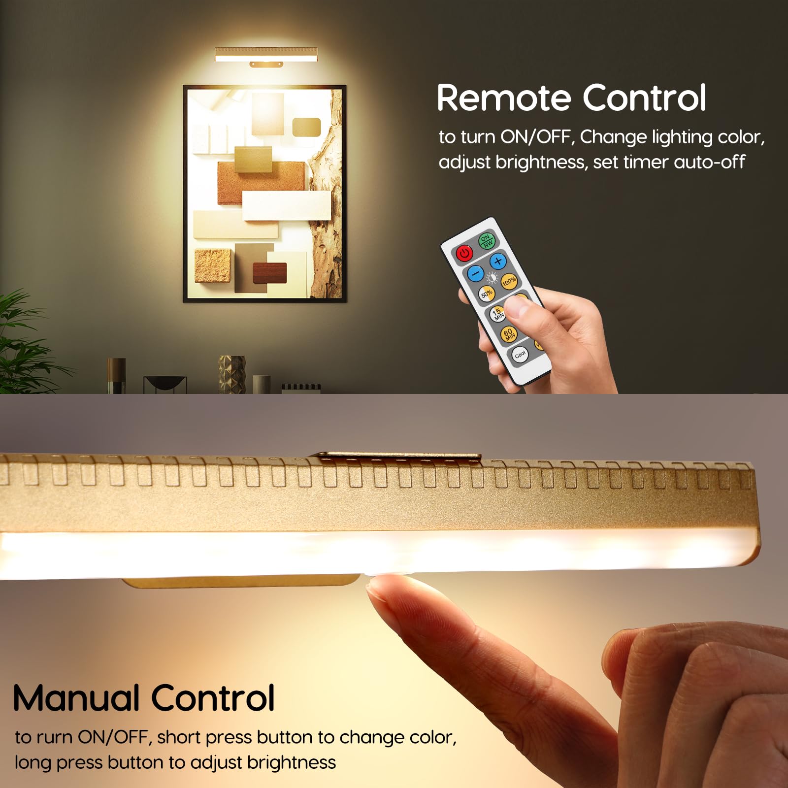 Wireless Wall Picture Light For Artwork With Remote  Display discomfort-reducingting Light With 3 Colors Of Warm/Nature/Cool Lighting Dimmable Timer Battery Led For Accent Display Puck Closet Gallery Portrait Home