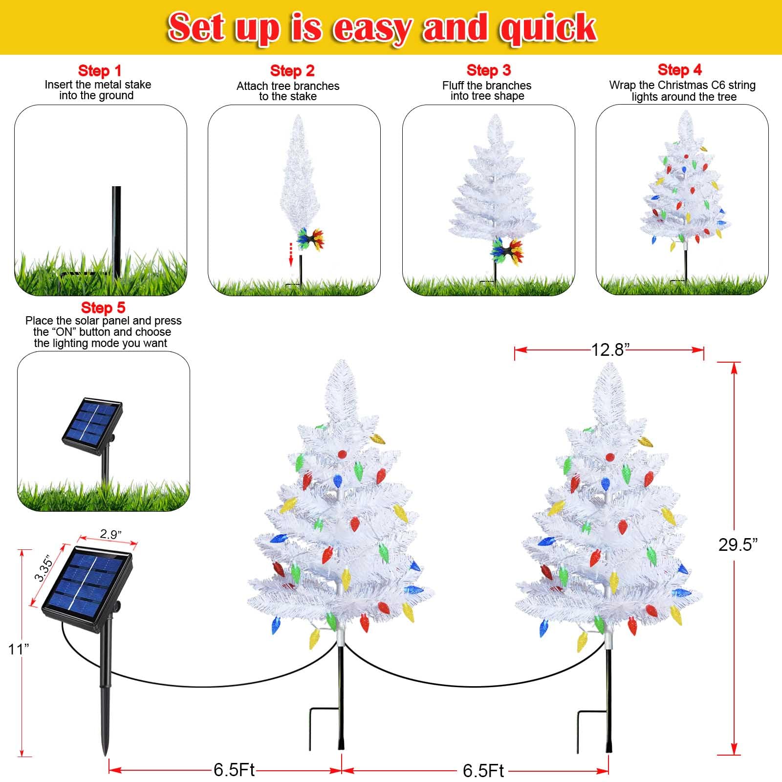 2 Pack White Christmas Tree Outdoor,Solar Powered Christmas Trees With 60 Led C6 Christmas Lights,Pre-Lit Small Artificial Xmas