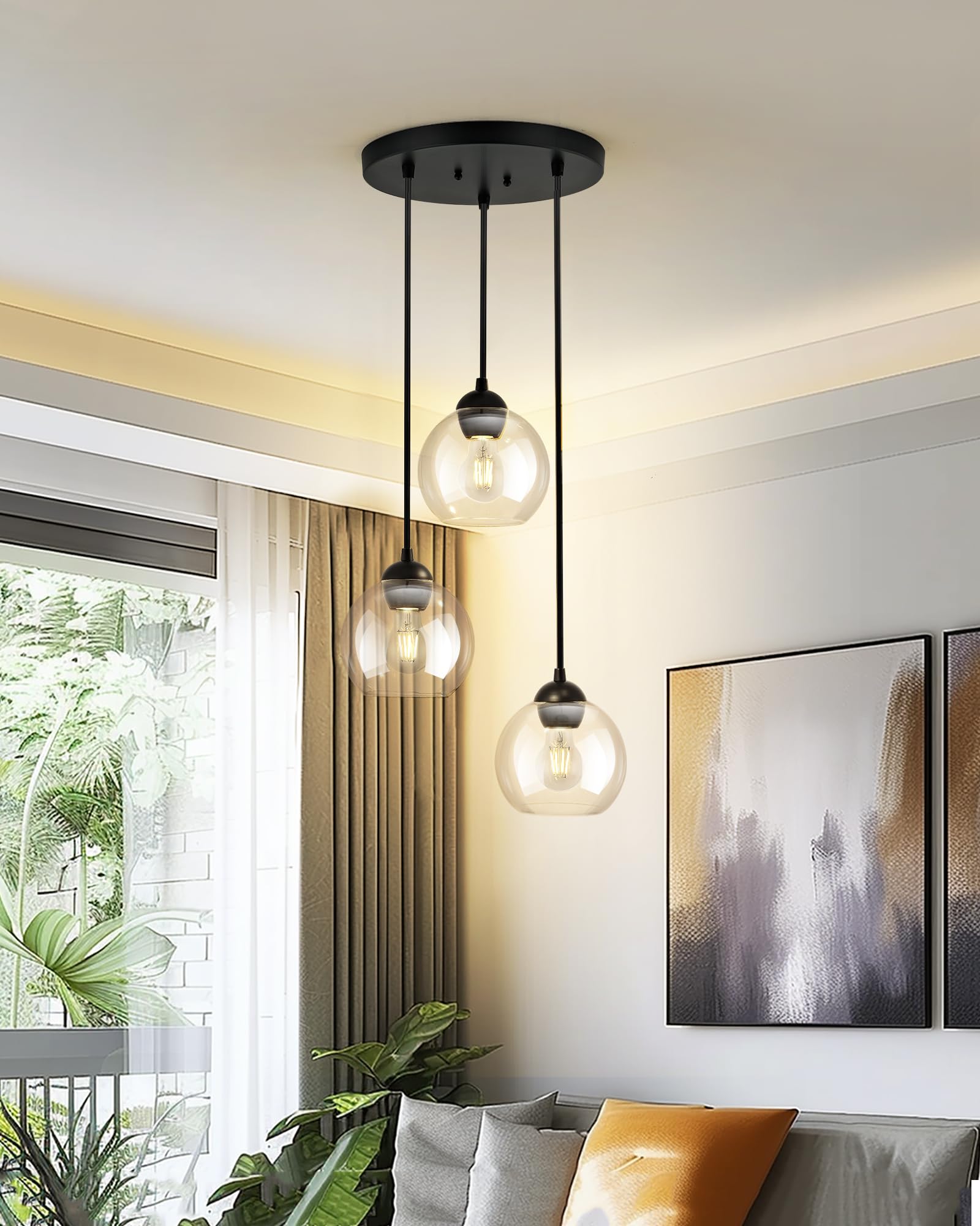 Emak Modern Black Pendant Lights Kitchen Island, 7 Inch Globe Pendant Light With Clear Glass Shade, 3-Light Cluster Island Light