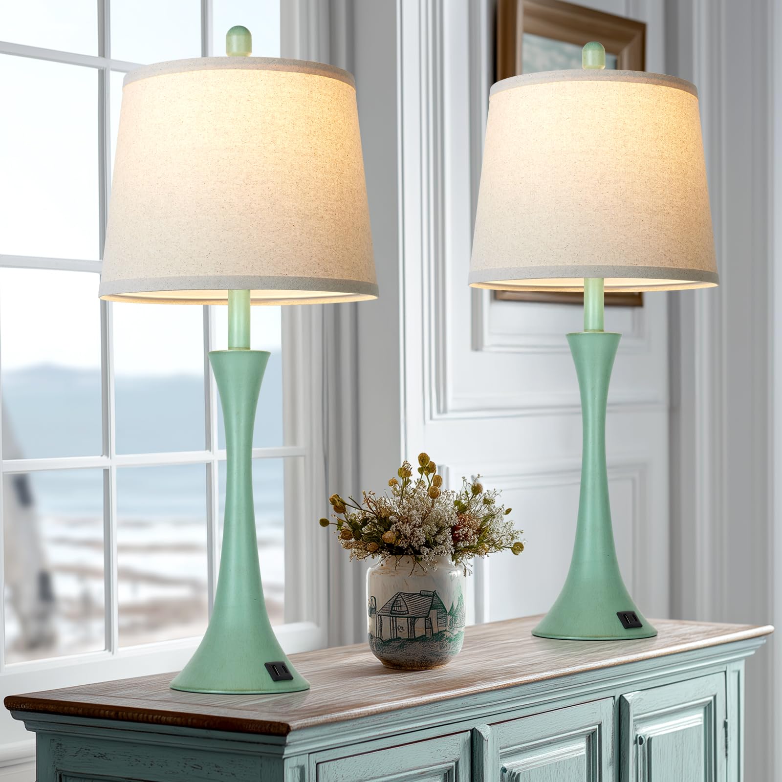 Rinweey Coastal Modern Green Table Lamps Set of 2 for Living Room  27.5 Tall Bedside Lamp with USB Charging Port 3-Way Dimmable Touch Nightstand Lamp for Bedroom Desk Side Table Office Green