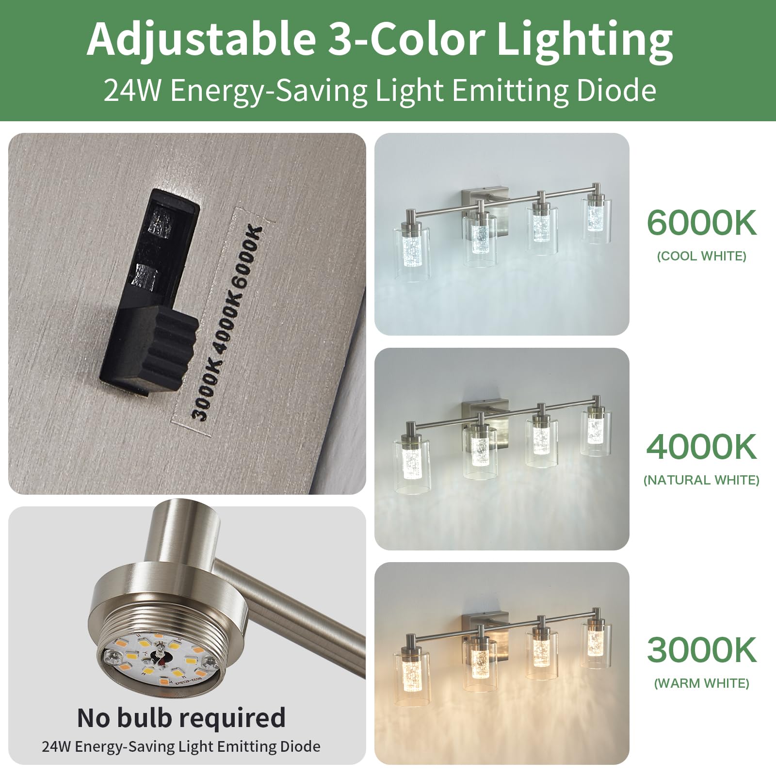 4 Lights Bathroom Vanity Light Fixtures, Brushed Nickel Modern Bathroom Wall Lighting With Clear Glass Shade, Crystal Wall Light