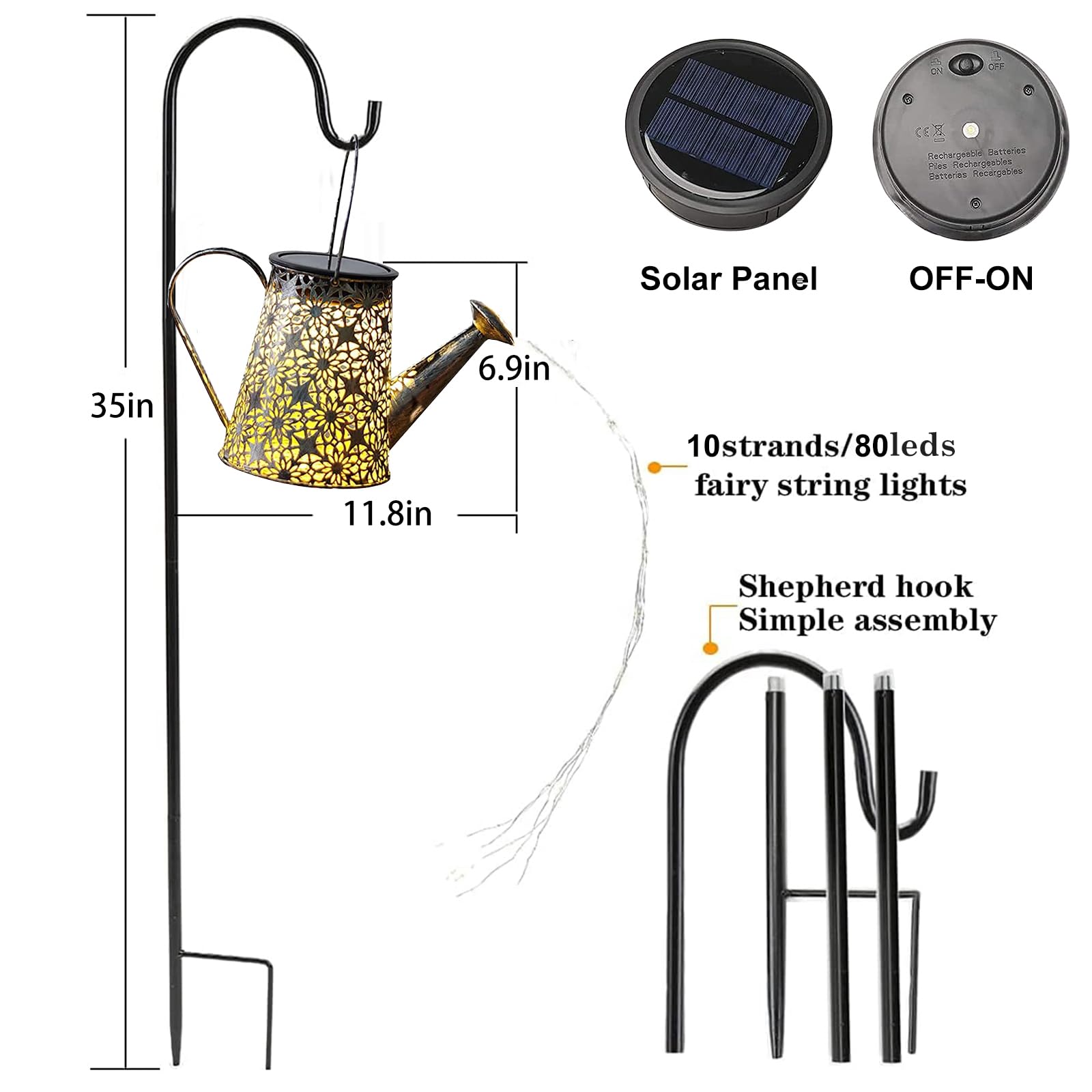 VOOKRY Solar Garden Lights - Retro Metal Watering Can, Waterproof, Cool White, 1 Pack for Outdoor Decor & Gifts