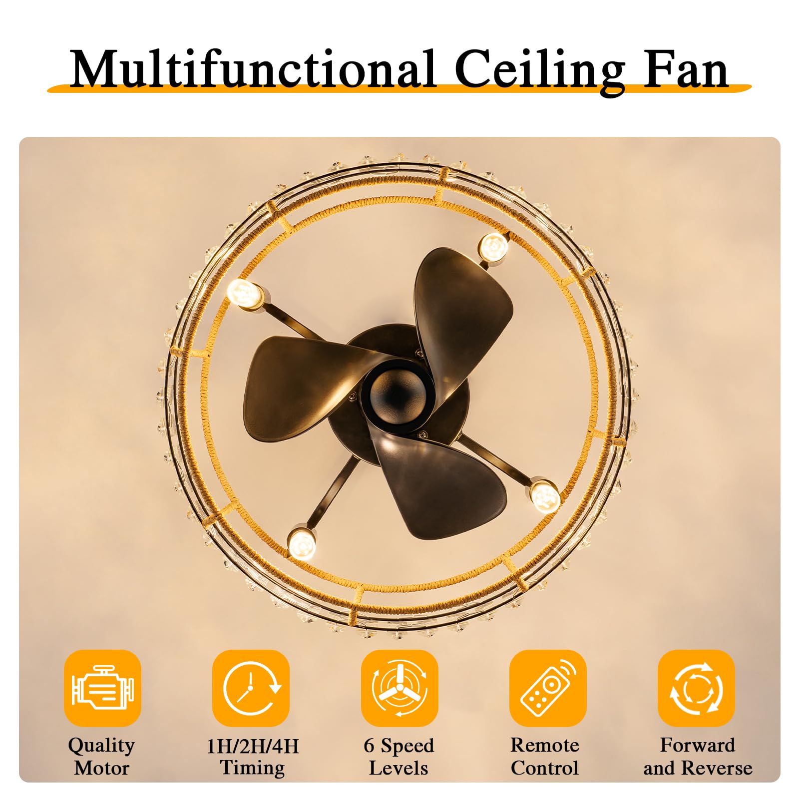 18 Low Profile Ceiling Fan with Light and Remote, Flush Mount Crystal Fan for Low Ceilings, 6-Speed Silent DC Motor, Easy to Ins