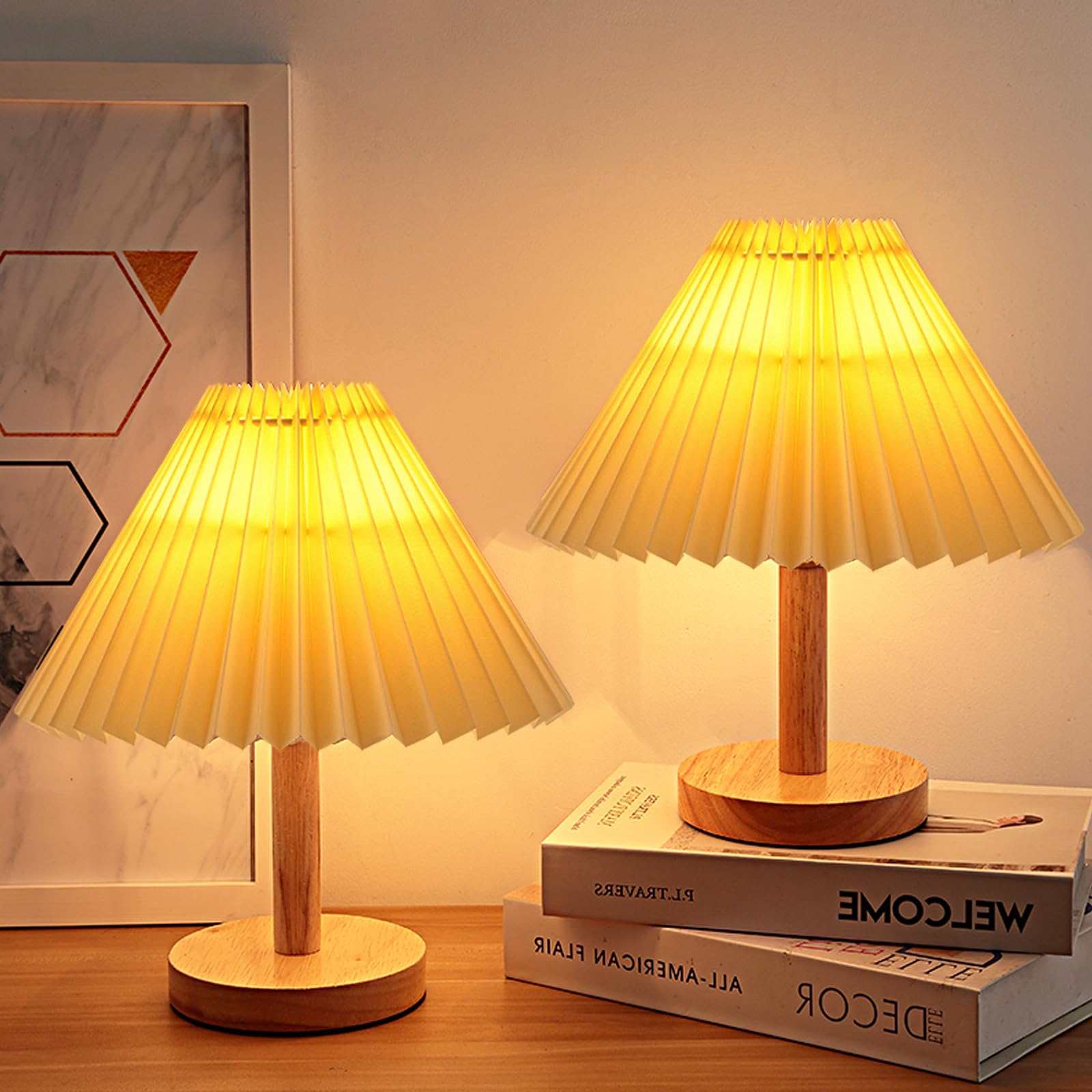 Buroraix 2-Piece Small Table Lamp with Modern Style Wooden Base, Suitable for Bedside Tables in Bedrooms, Living Rooms and Offic