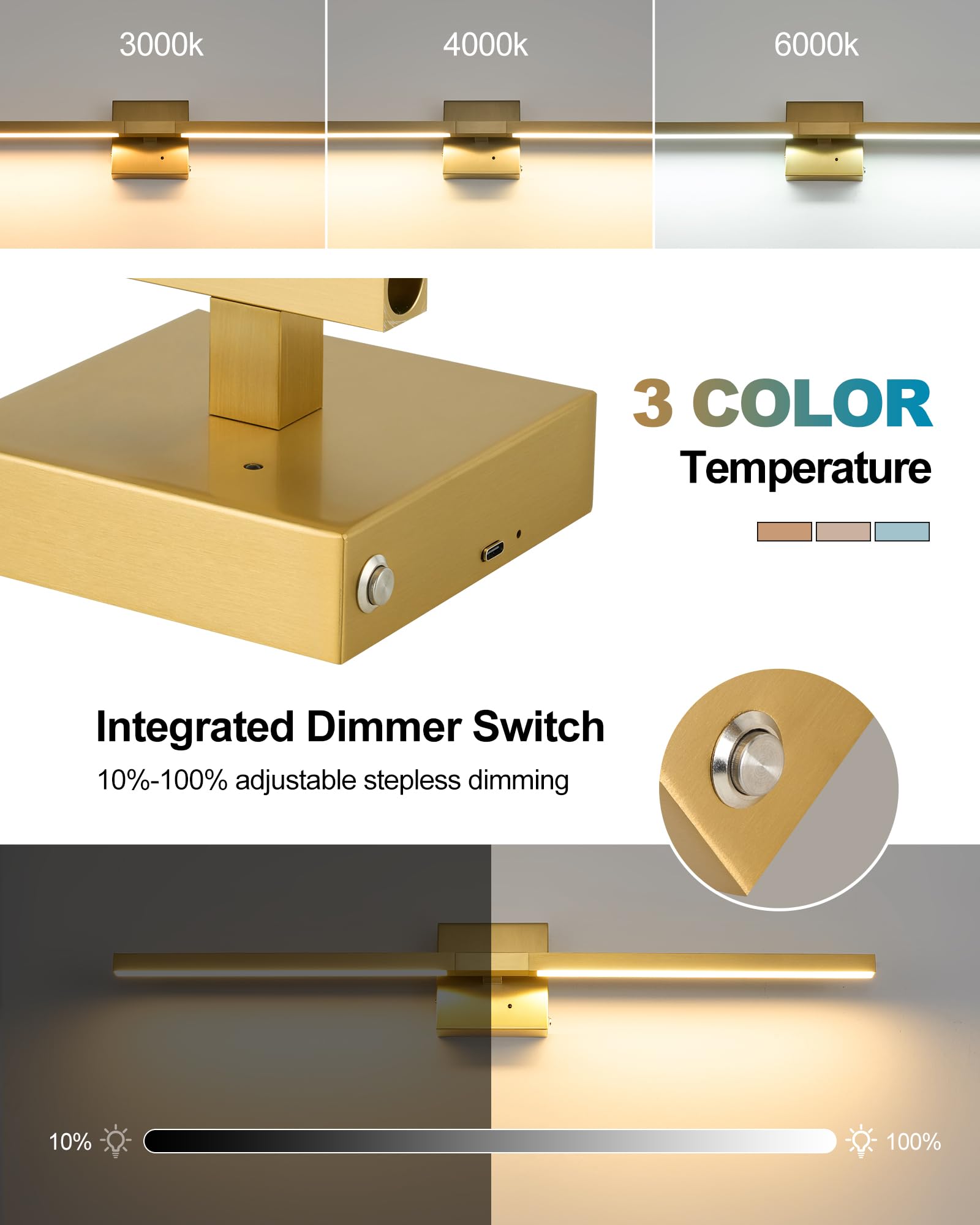Rechargeable Battery Operated Wall Sconce Set of Two, 24 Inch, Wireless, 3000K/4500K/6000K, Dimmable, Timer, Remote, Touch Contr