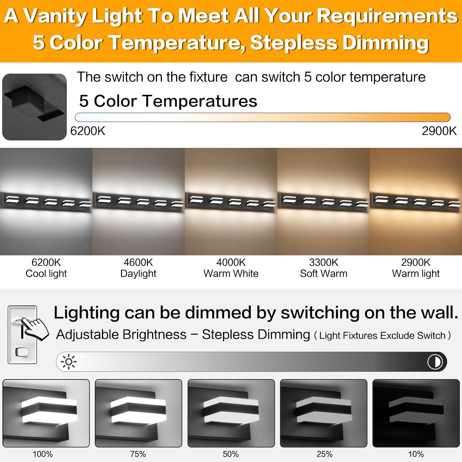 SOLFART 5 Lights Bathroom Light Fixture LED Vanity Light, Adjustable 5CCT, Matt Black, 37.4 inch, Model S8568-5T-6000K-5