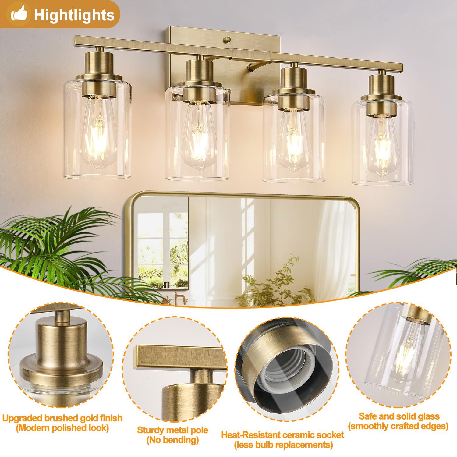 Indoi 4 Light Bathroom Light Fixtures, Brass Vanity Lights For Bathroom With Clear Glass Shades, Modern Bathroom Wall Sconces Fo