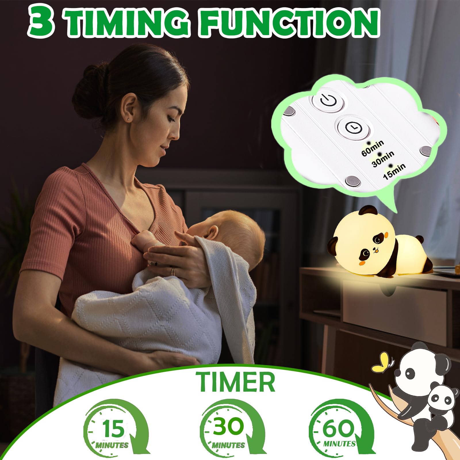 NCBNCB Cute Night Light Panda Night Light for Kids,16 Colors Dimmable Baby Night Lights for Nursery, Silicone Rechargeable Night