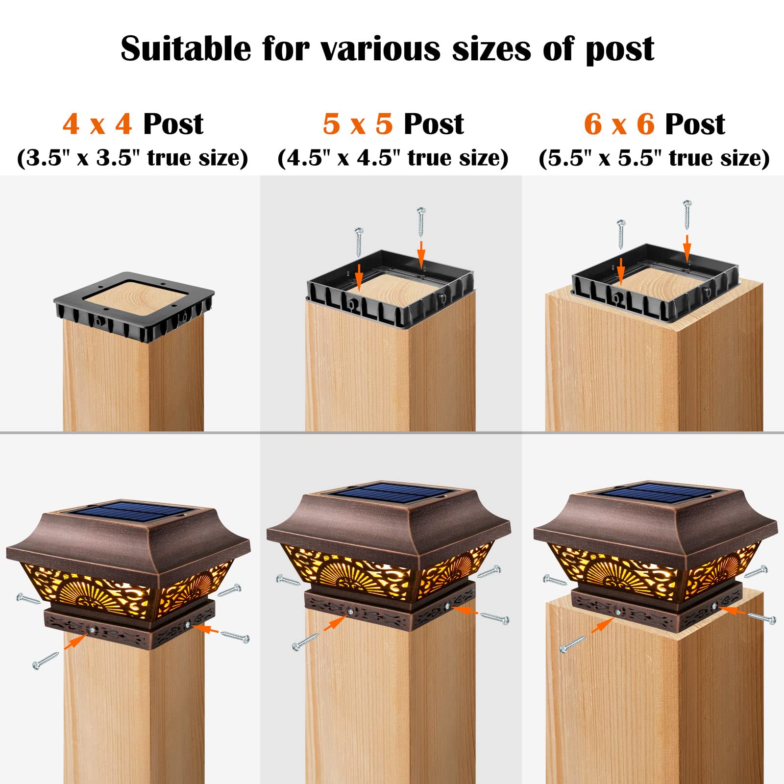 DenicMic Solar Post Lights - 2 Pack Copper Metal 25 Lumen LED for 3.5x3.5, 4x4, 5x5 Wooden Fence Posts & Deck
