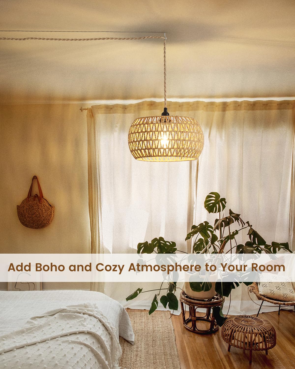 Rattan Boho Hanging Light,12.6'' Natural Hand Woven Fabric Drum Light,Plug Into Wall Outlet Pendant Light Fixture On/Off Switch