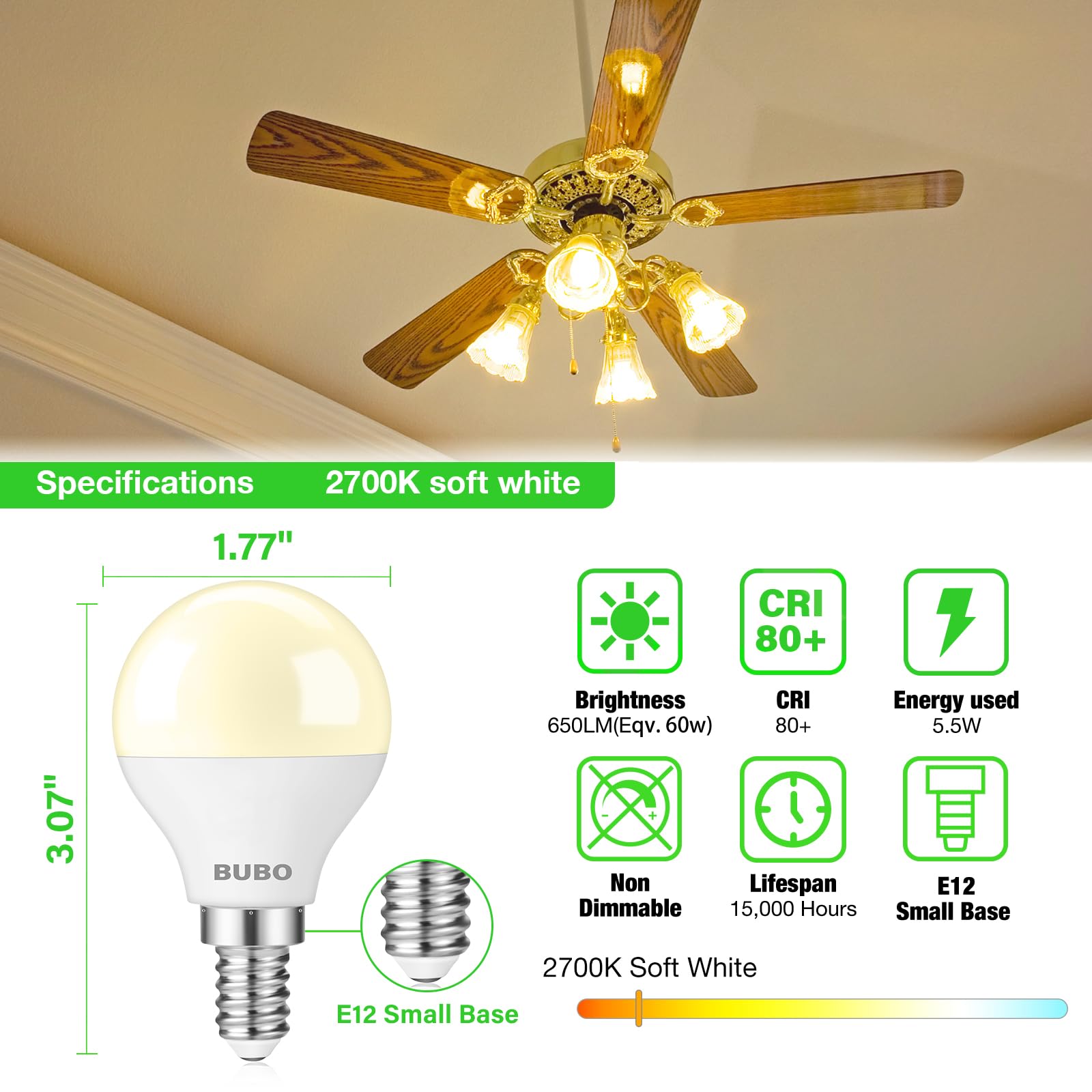 Bubo Ceiling Fan Light Bulbs 60 Watt Soft White, E12 Led Bulb Warm White 2700K, Light Bulbs Small Base, A15 Candelabra Base Led