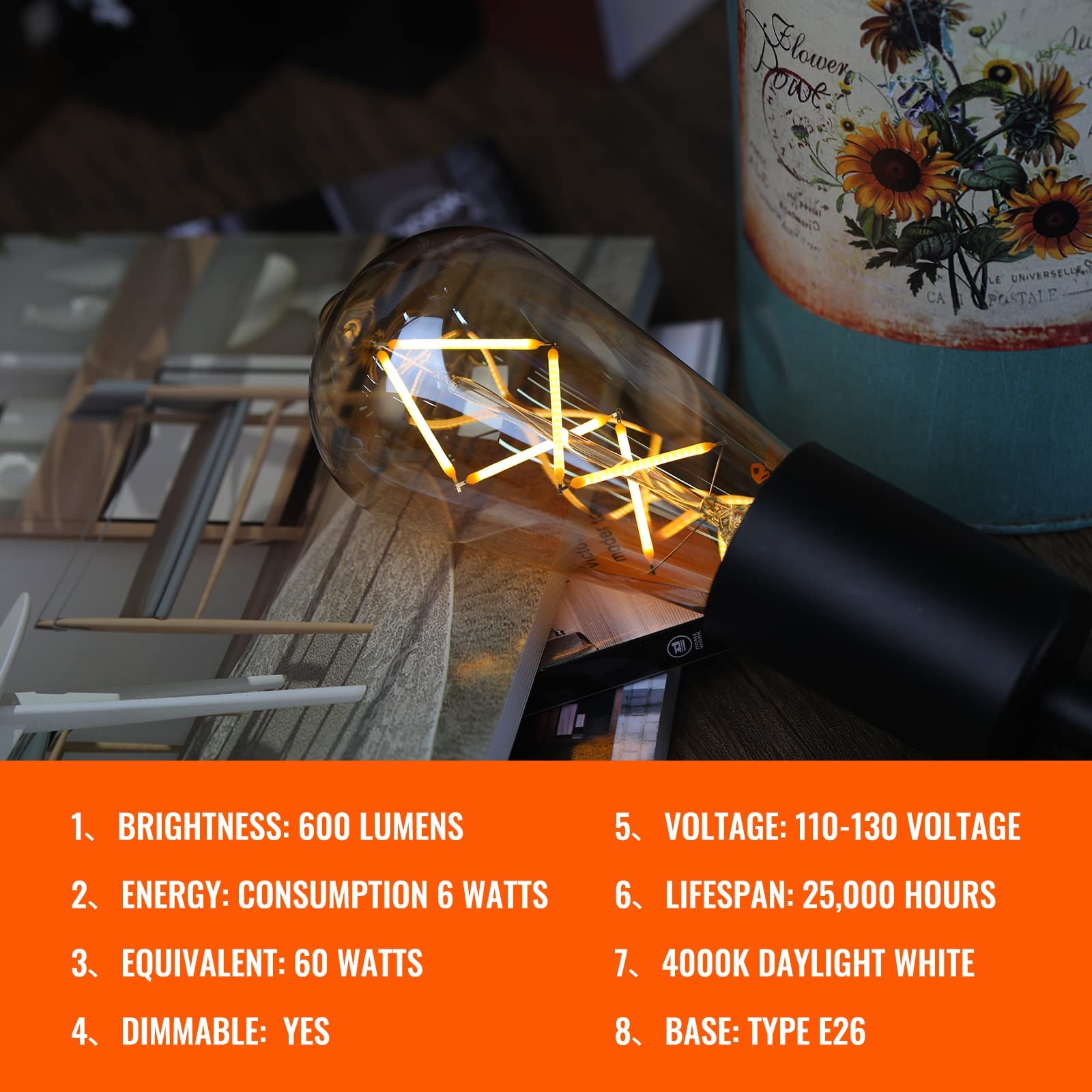 Omed Led Edison Light Bulb 18 Pack, Dimmable Vintage Style Amber Glass Criss-Cross Filament Led Bulbs, 60 Watt Equivalent 2700K