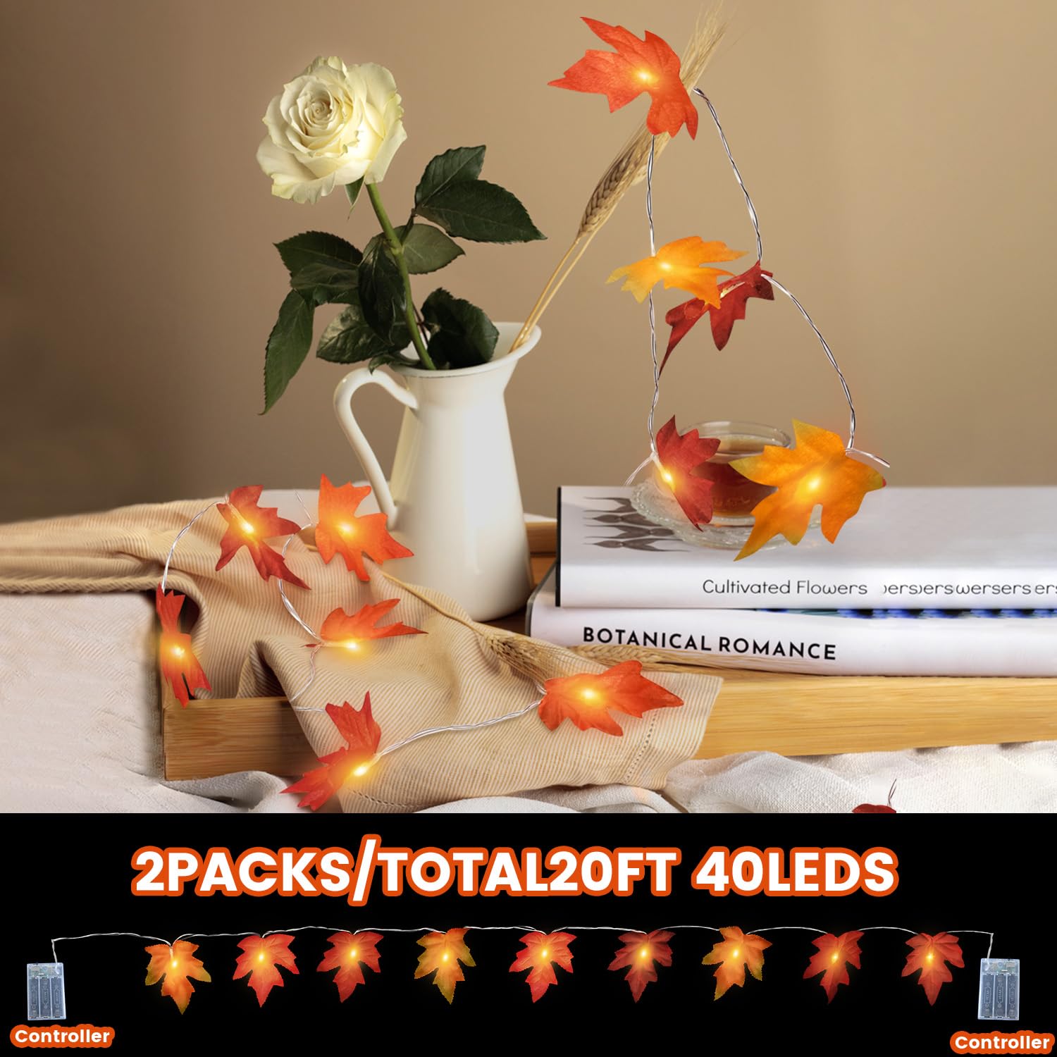 Moocii Fall String Lights - 20ft Maple Leaf Garland, 40 LED Orange Bulbs, Battery Operated Decor for Thanksgiving & Halloween
