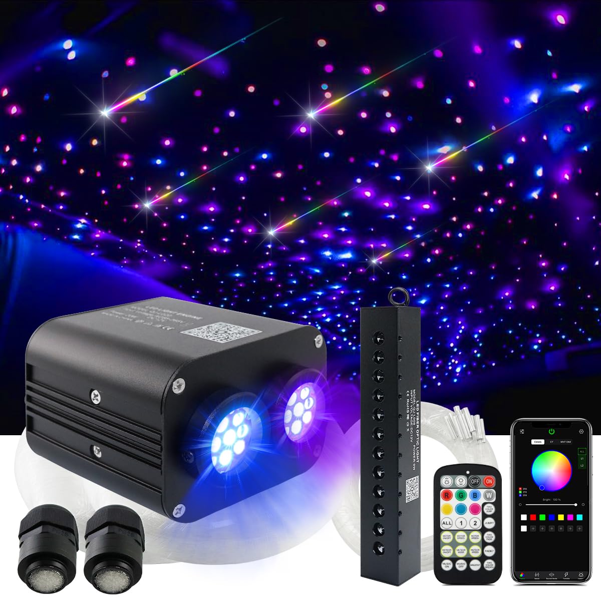 Amki Dual Color 20W Twinkle Starlight Headliner Kit Mixed 670Pcs*9.8Ft Cables+ Rgb Meteor Shooting Star Fiber Optic Light Sound Activated App/Remote Control For Car Roof Home Ceiling