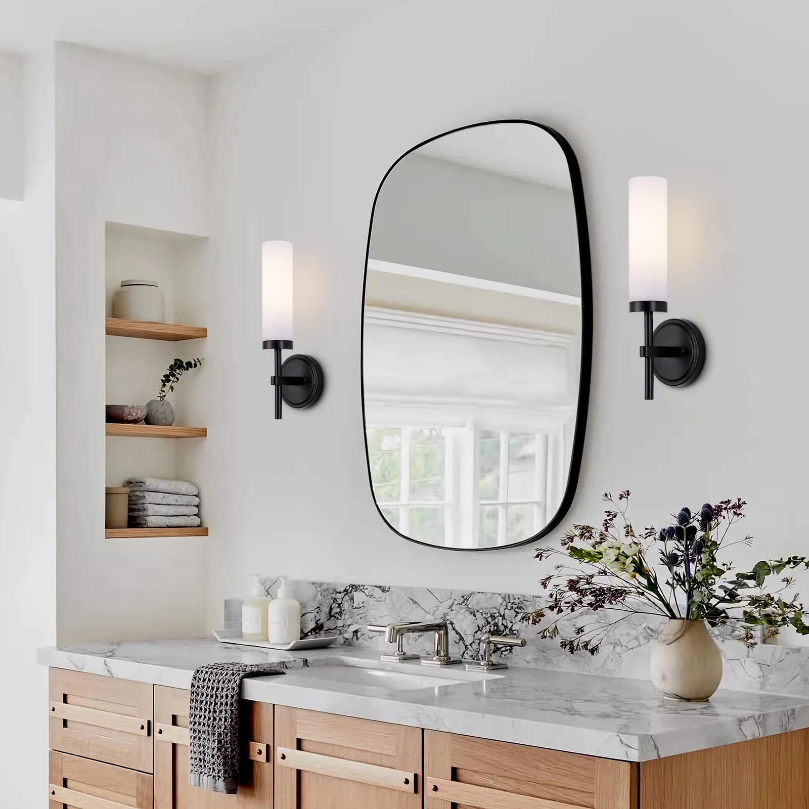 SANTOSTOCK Black Wall Sconces Set of 2, Modern Metal Lighting with Opal Glass Shade, Hardwired for Living Room, Bedroom, Hallway