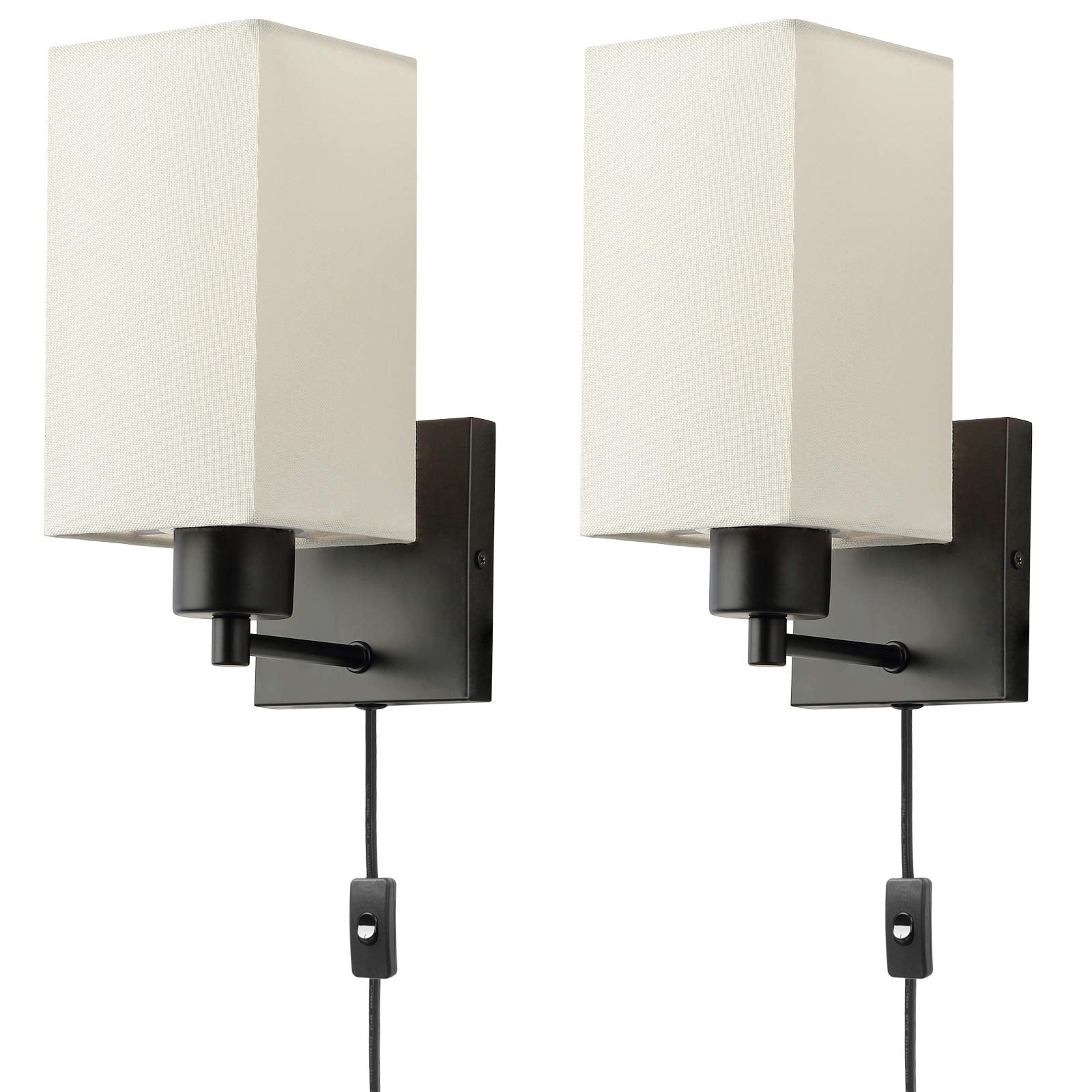 KOONTING Plug in Wall Sconce Set of 2, Rustic Wall Lamp with Plug-in Cord and On/Off Toggle Switch, Beige Fabric Shade Wall Ligh