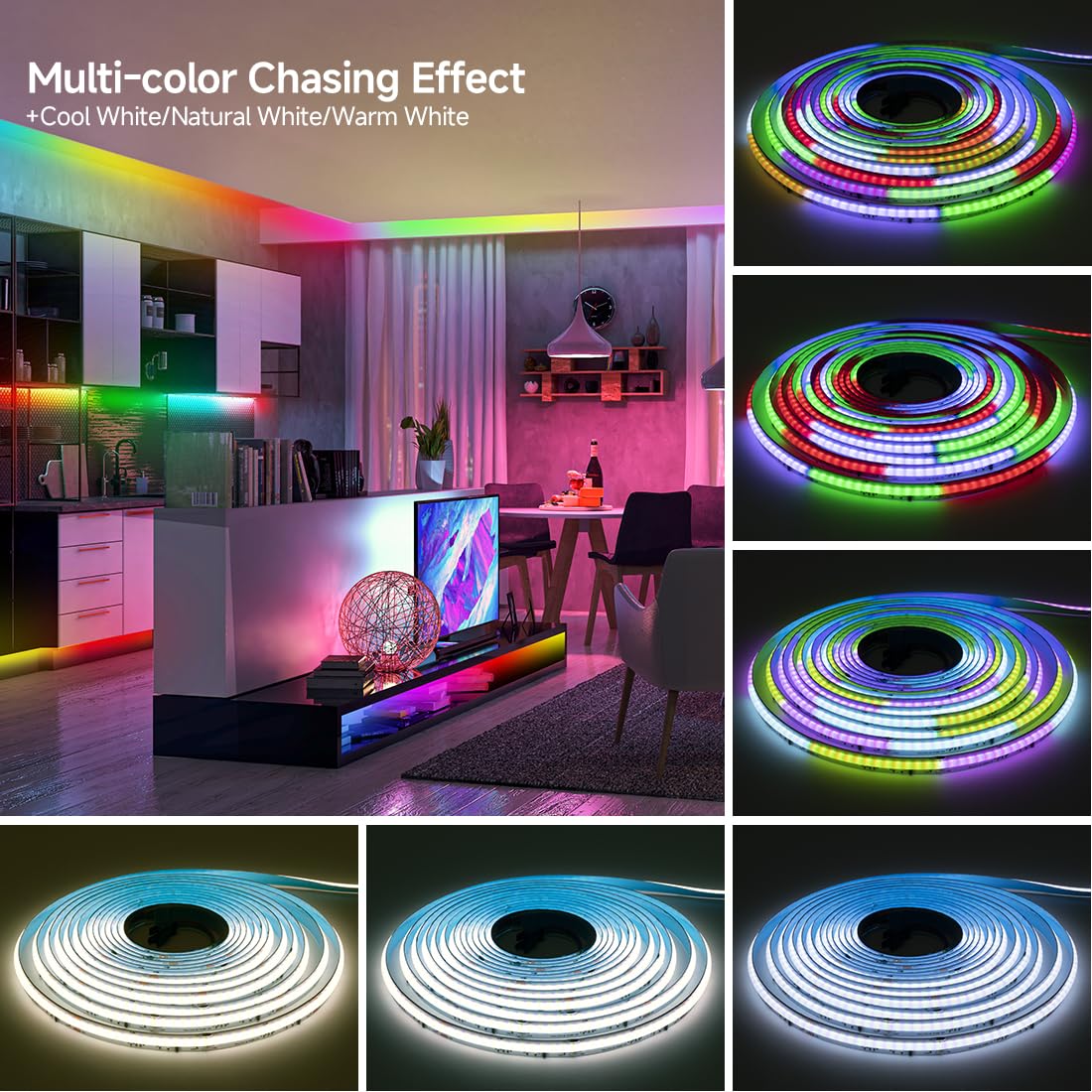 Btf-Lighting Fcob Cob Led Strip Ws2814 Ic Rgbw 3000K Flexible High Density Color Chasing Uniform Light 9.8Ft Dc24V 896Led/M 16Ic/M 12Mm Width For Home Diy Lighting Projects(No Adapter Or Controller)